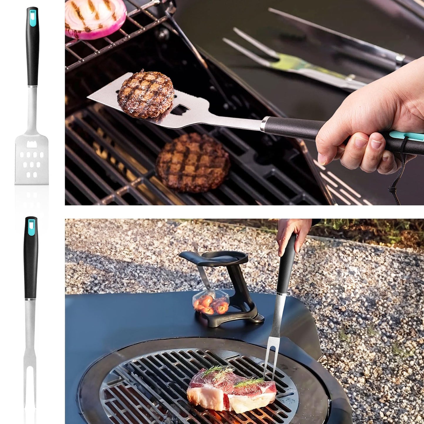 XSSIVE 5-Piece Grill Tools Set, Heavy Duty BBQ Utensils with Extra Tough Wire Brush, Spatula, Tongs, Fork & Basting Brush – Outdoor Grilling Accessories & Gifts for Men Dad (Camping, Backyard)