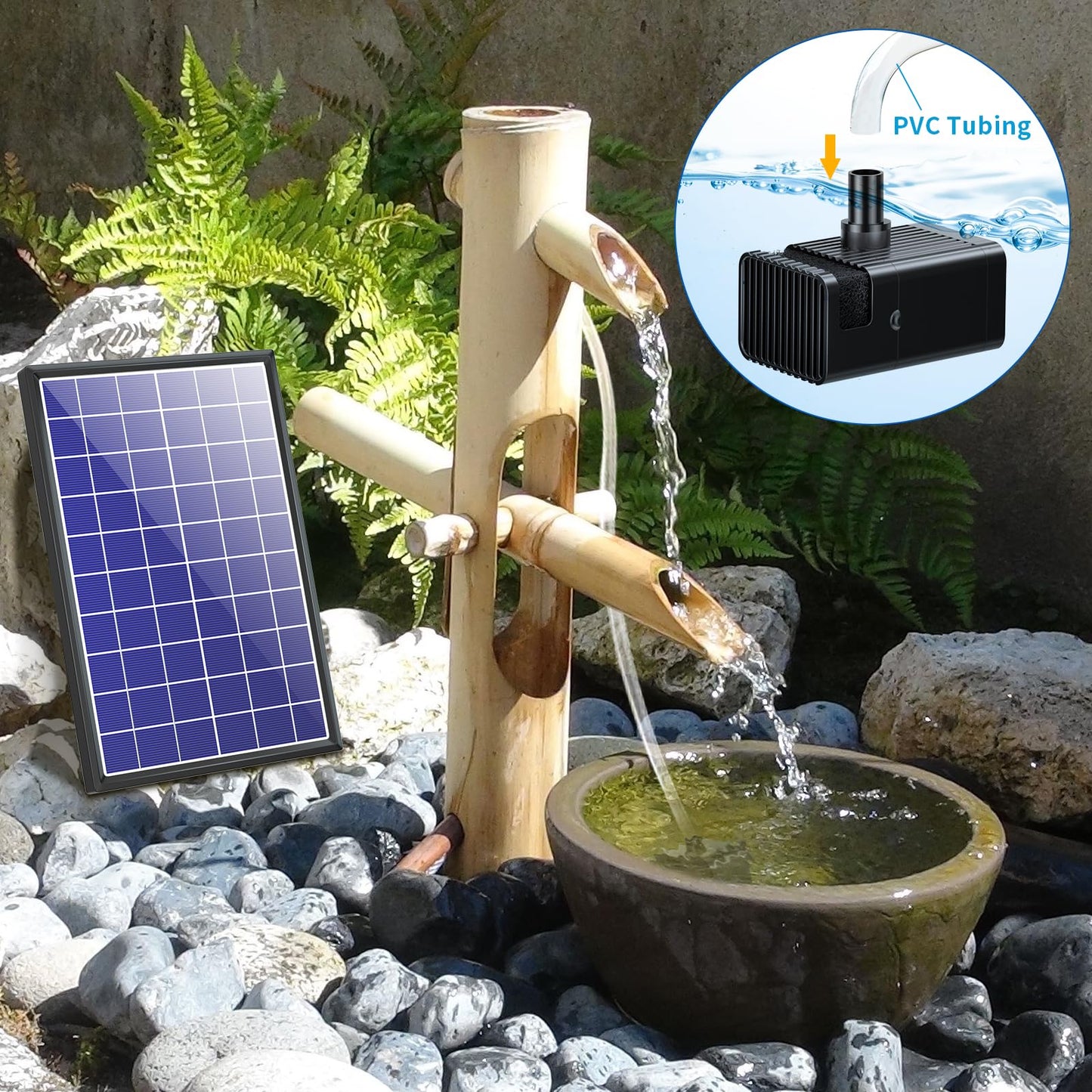 POPOSOAP 8W Solar Water Pump Built-in 3600mAh Battery Backup, Solar Bird Bath Pump with 9.8Ft Cable, 8 Nozzles & PVC Tubing, Solar Fountain for Bird Bath Garden Fish Tank Pond Water Feature P108D