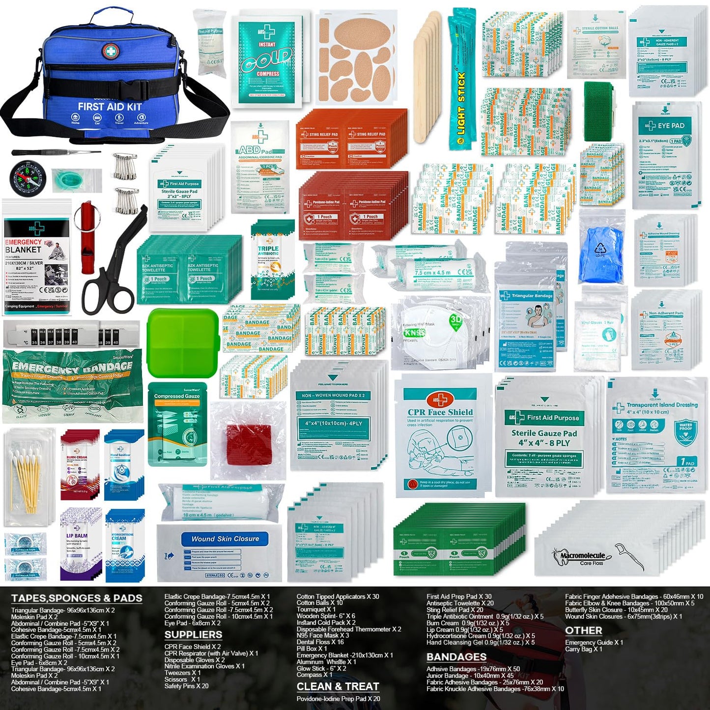 Professional 435 Pieces Large First Aid Kit - Includes Compressed Gauze - Compartments Emergency Medical Kit for Home, Camping, Backpacking, Travel, Boat, Car,Outdoors (Blue)