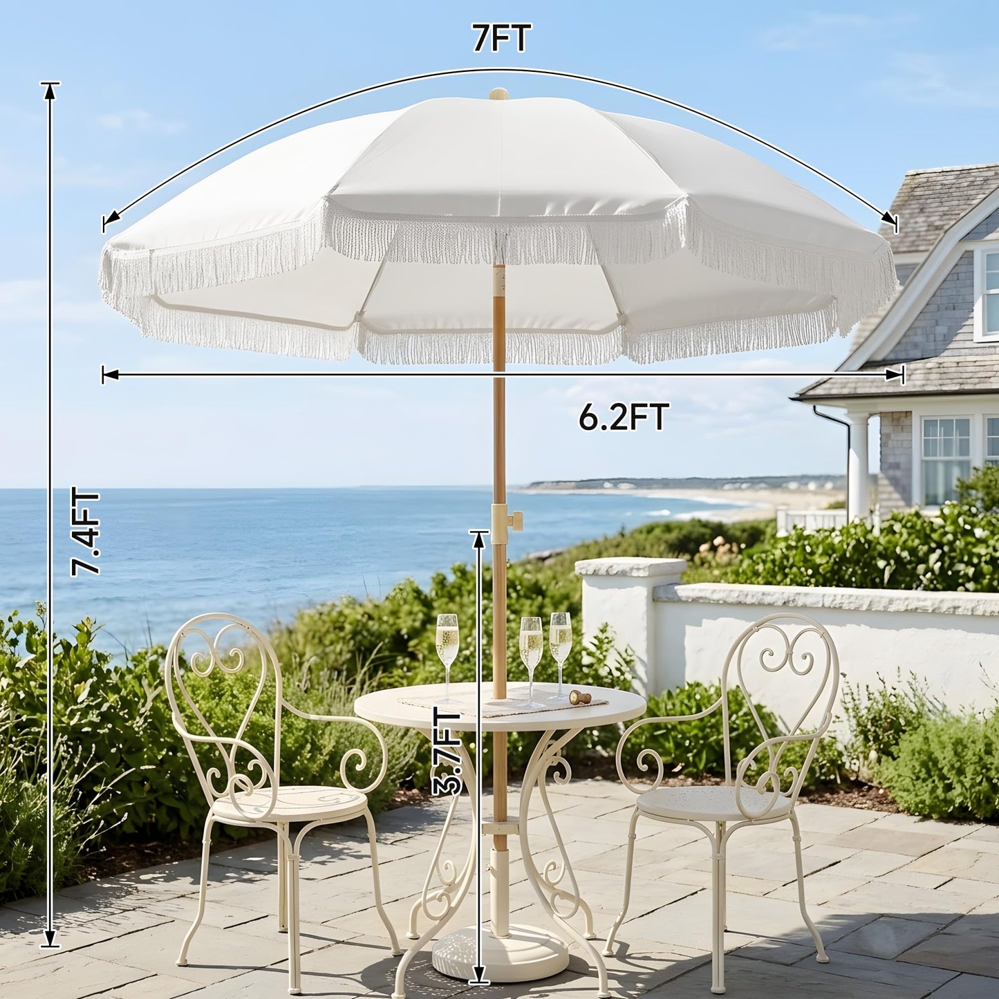 Kbrellaoutlets 7FT Boho Patio Umberlla with Fringe,UPF50+ Outdoor Umbrella with 8 Fiberglass Ribs and Push Button Tilt,Tassels Umbrella for Beach,Terrace,Picnic (Cream)