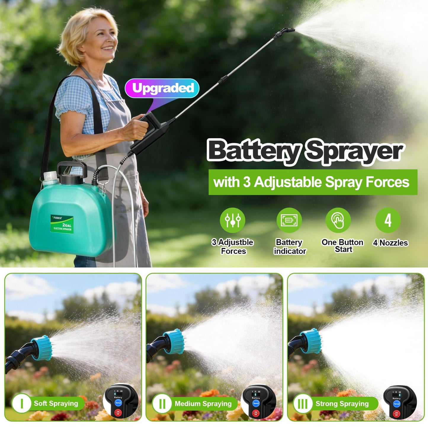 VAXMAY Battery Powered Sprayer 2 Gallon, Upgrade Electric Garden Sprayer with 3 Adjustable Speed, Battery Indicator, 4 Mist Nozzles, Rechargeable Handle, Retractable Wand, Shoulder Strap for Weed Lawn