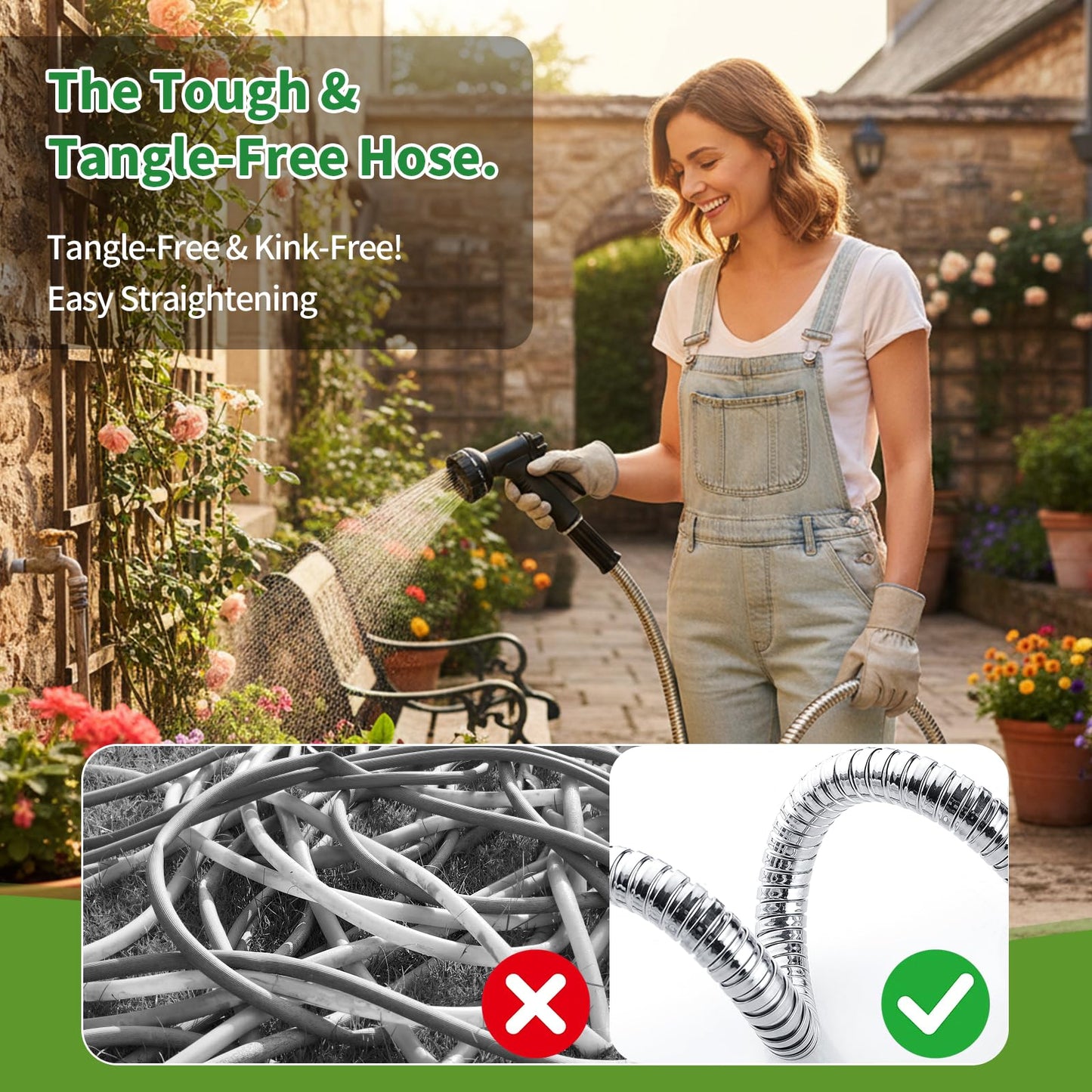50 ft Metal Garden Hose with Dual Sprayer Set (10 & 6 Patterns), Professional 304 Stainless Steel Flexible Hose, 600 PSI High Pressure Resistant, Leak-Proof Water Hose for Car Wash & Lawn.
