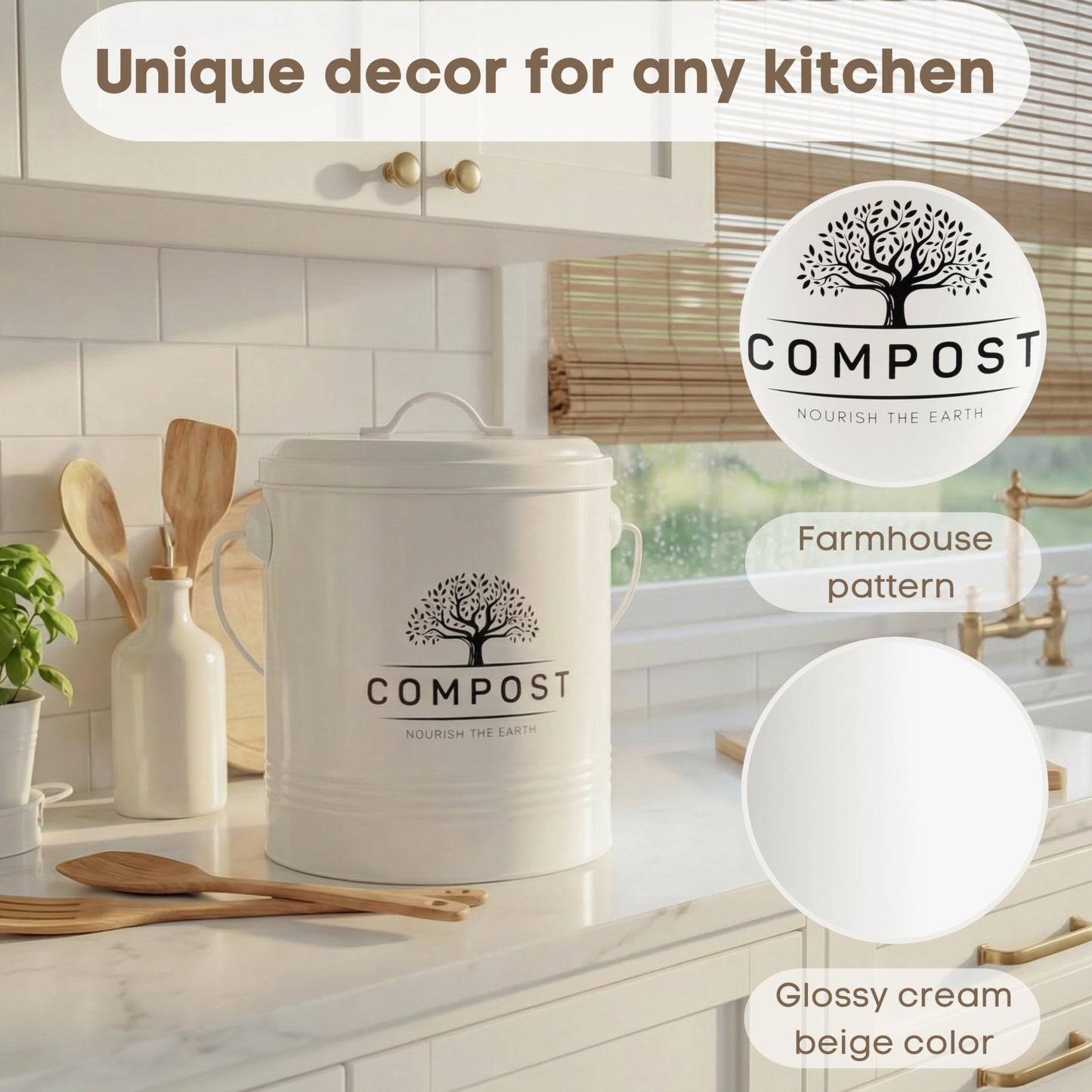 Perfnique Kitchen Compost Bin, 1.3 Gallon Countertop Compost Bin with Lid, Indoor Compost Bucket Includes Inner Bucket Liner and Carbon Filter, Small Compost Bin (Without Bags, Cream)