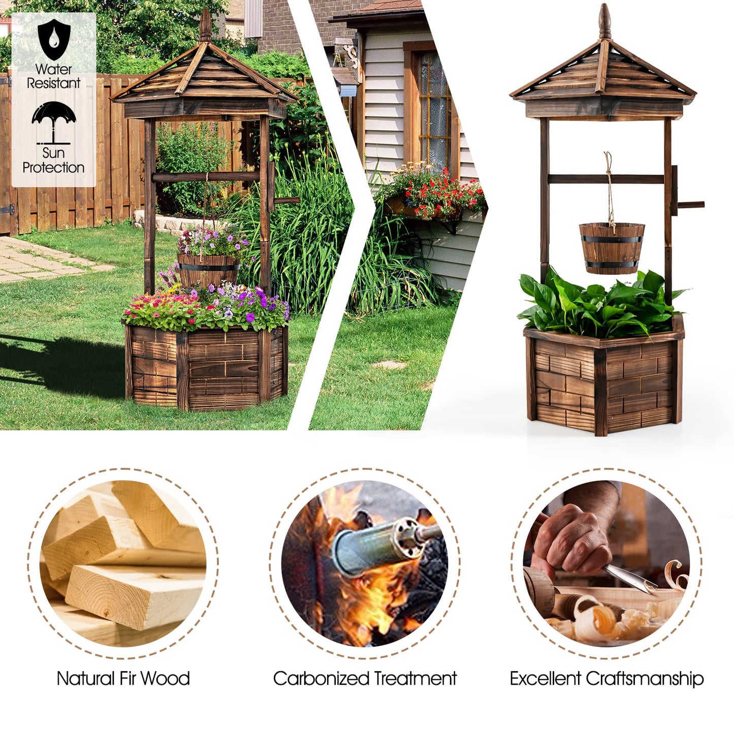Giantex Rustic Wooden Wishing Well Planter with Hanging Bucket, Roof Shadow, Reinforced Rod, Wishing Wells for Outdoors Backyard Patio Garden Outside Decor