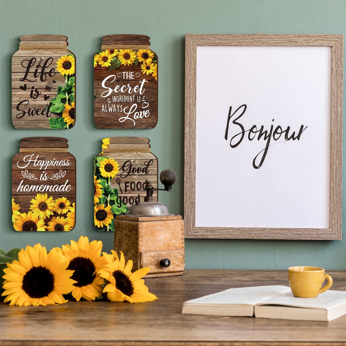 4 Pcs Kitchen Wall Decor Mason Jar Set Wooden Rustic Home Decor Inspirational Kitchen Hanging Farmhouse Wall Signs for Home decoration(Sunflower)