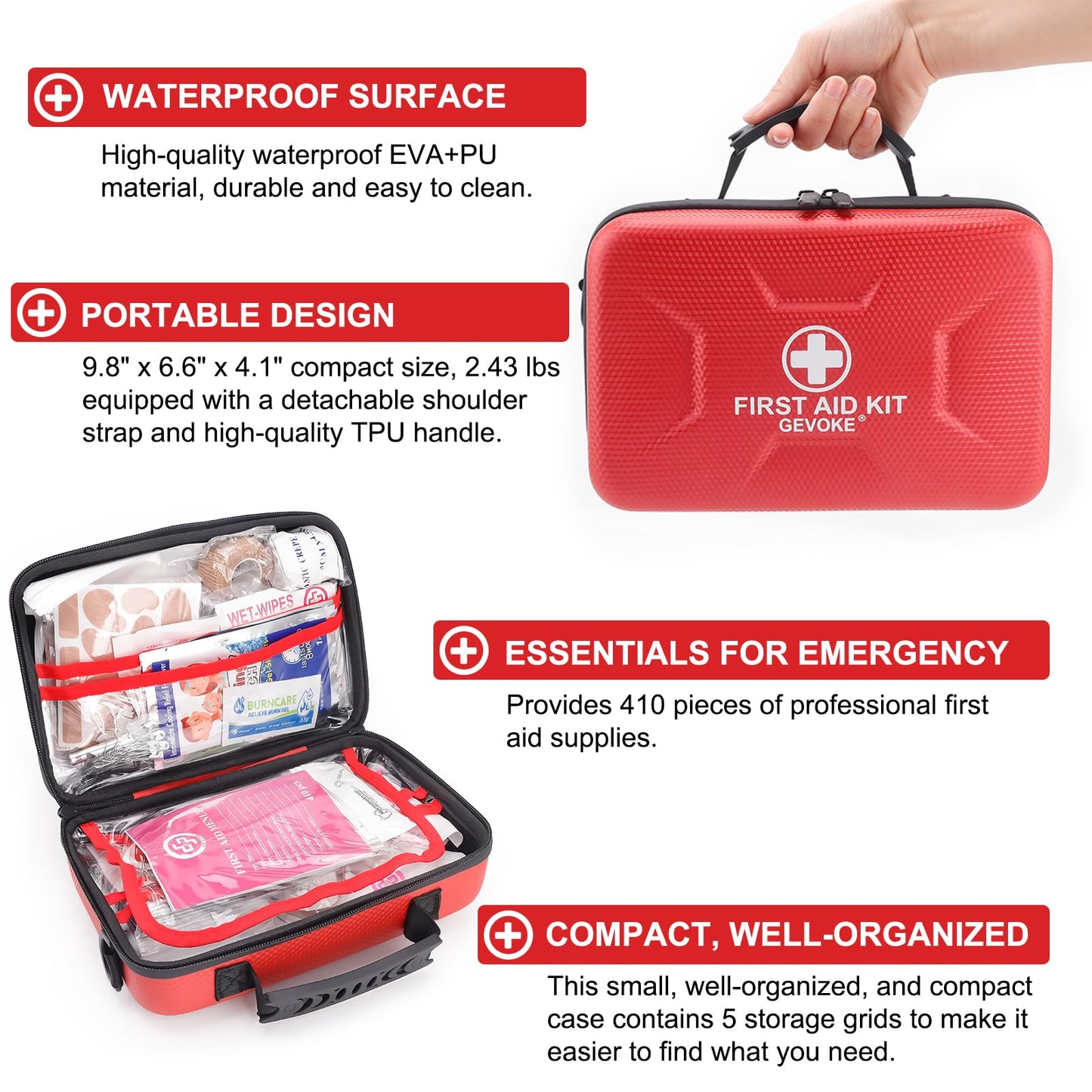 Gevoke 410 Piece Waterproof Hard Shell First Aid Kit for Home, Car, Travel, Camping, Truck, Hiking, Sports, Office, Vehicle & Outdoor Emergencies - Emergency Medical Kits (Red)