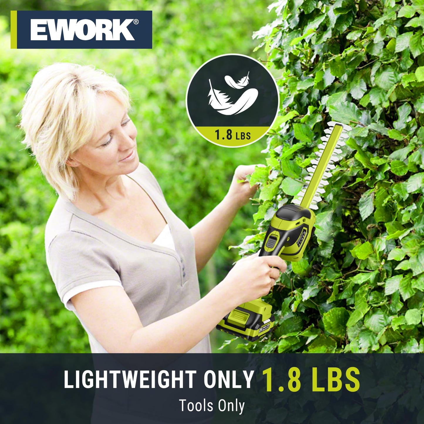 EWORK 21V Cordless Hedge Trimmer & Grass Shears 2-in-1 Handheld Electric Bush Trimmer, 2x2.0Ah Battery & Charger Included, Lightweight Shrub Trimmer for Garden Yard Lawn Patio Maintenance