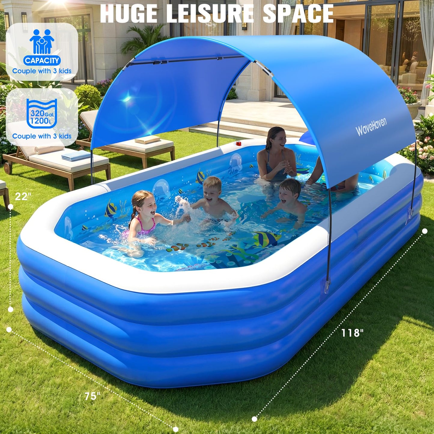 2026 Inflatable Pool with Canopy, Large Inflatable Pool for Kids,Adults, Blow Up Pools with Seats,Oversize Thickened 118"x75"x22"Inflatable Swimming Pools, Kids Pool for Backyard,Ocean Theme-Blue