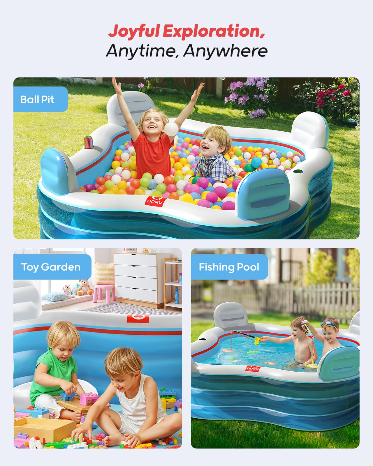 QPAU Inflatable Swimming Pool, Full-Sized Blow Up Pool with Seats and Backrests, Kiddie Pool for Outdoor & Backyard, for Family Summer Time Fun, Clear Blue
