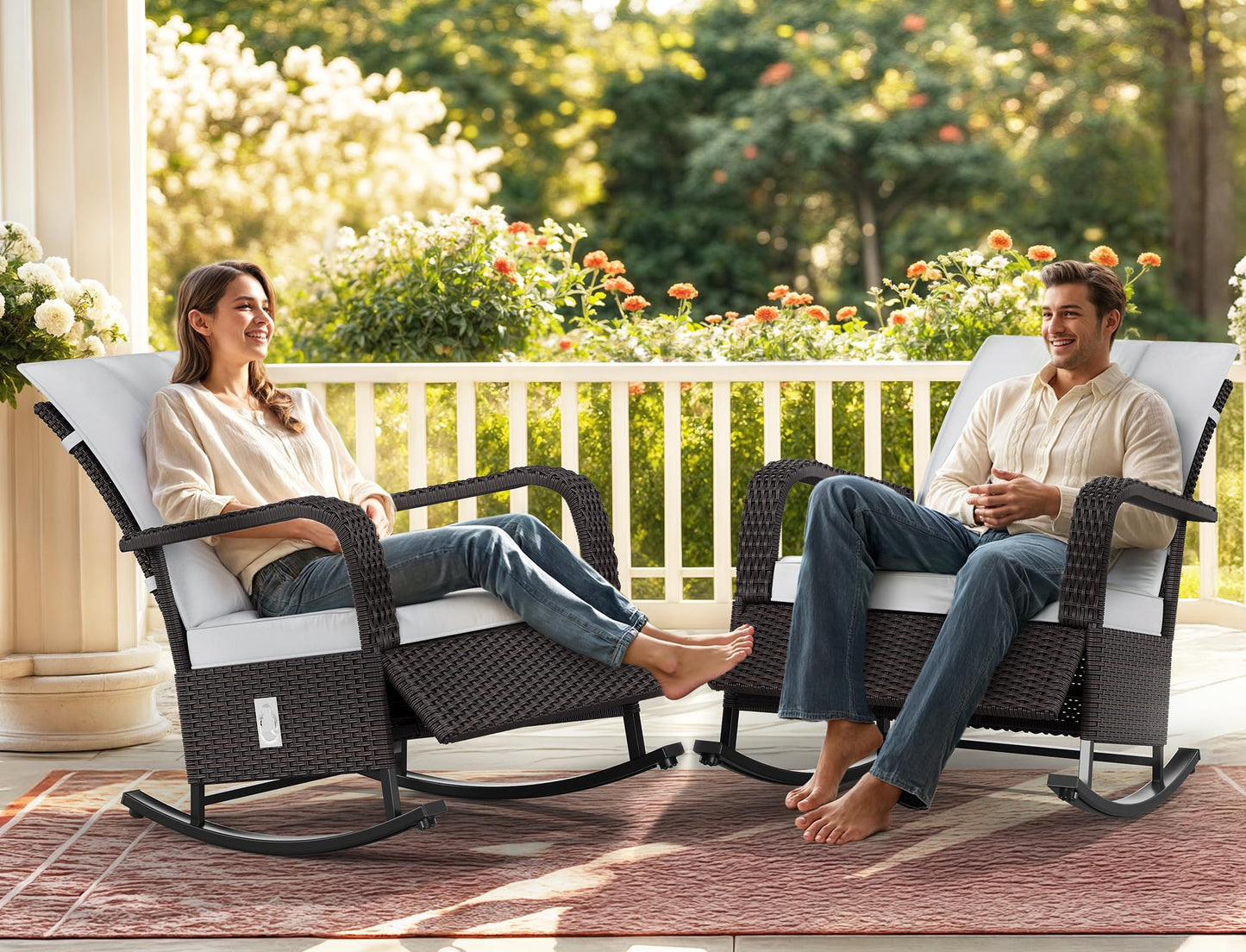 YITAHOME Outdoor Rocking Chair, Wicker Lounge Chair with Adjustment Backrest, PE Rattan Patio Recliner with Adjustable Footrest and Soft Cushions, Ideal for Garden Backyard Porch Patio