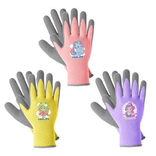 COOLJOB 3 Pairs Kids Gardening Gloves for Age 6-8, Children Toddler Girls Grippy Rubber Coated Work Gloves, Purple & Pink & Yellow (Little Beauty, Medium M)