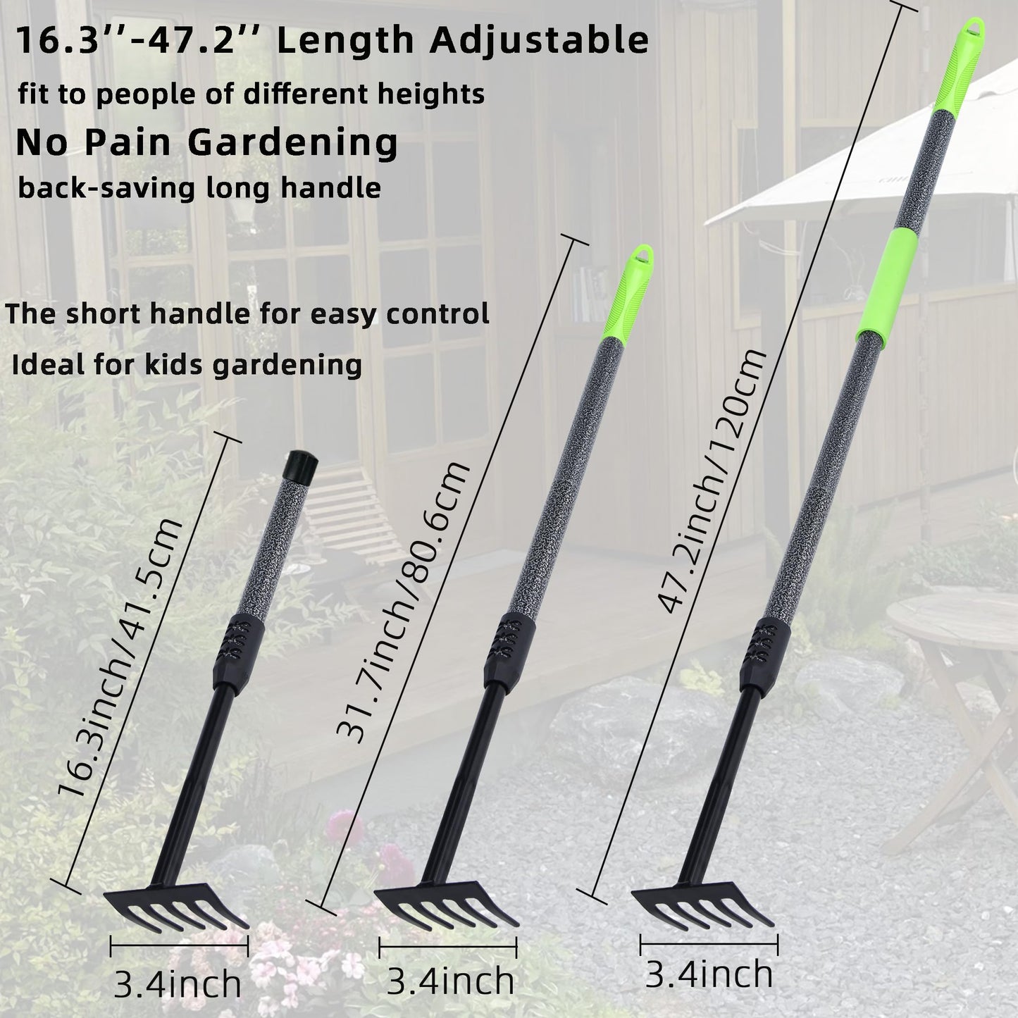 KLDOLLAR Hand Rake, Adjustable Handle Garden Small Rake Garden Tool, Heavy Duty Hand Tiller Cultivator with Soft Foam Grip, Mini Rakes for Weeding Tilling Soil Loosing Planting