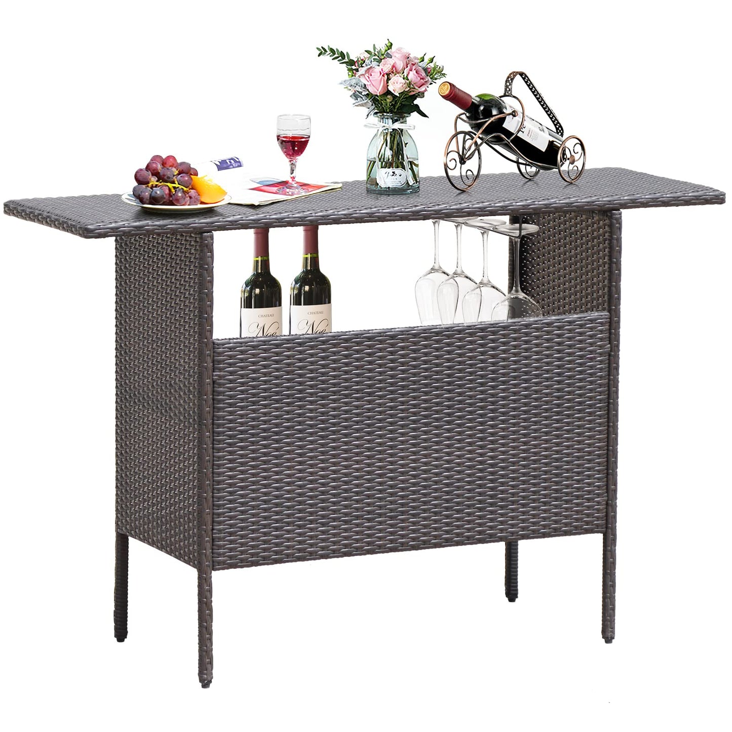 FANTASK Outdoor Wicker Bar, Paito Bar Table w/2 Storage Shelves, 2 Sets of Rails and Condole Cup Holders, Rattan Bar Counter Table for Backyard, Poolside, Garden