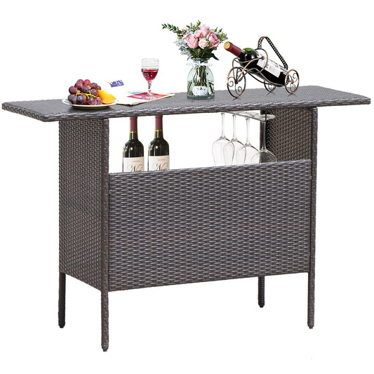 FANTASK Outdoor Wicker Bar, Paito Bar Table w/2 Storage Shelves, 2 Sets of Rails and Condole Cup Holders, Rattan Bar Counter Table for Backyard, Poolside, Garden