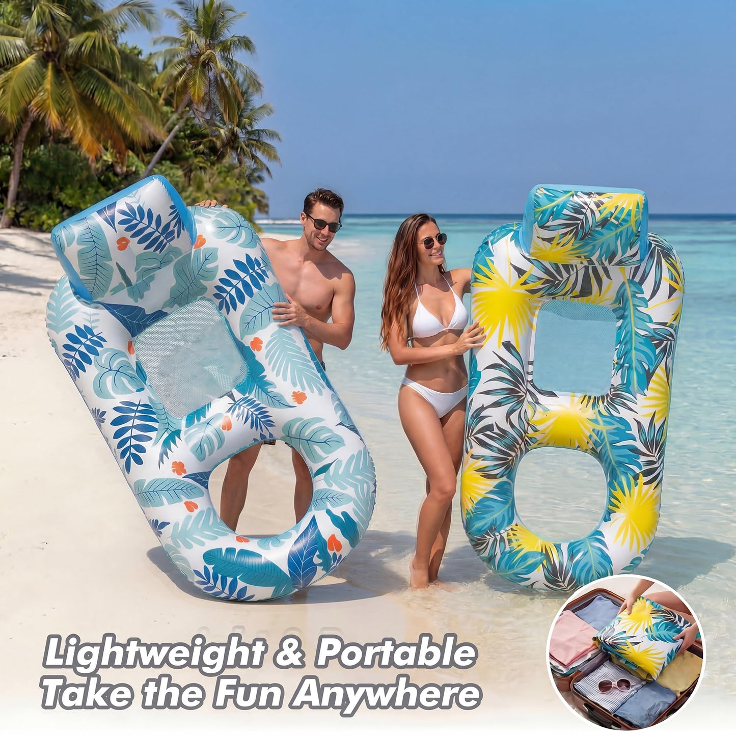 2 Pack Inflatable Heavy Duty Pool Floats Lounger, Giant Pool Floats Adult Size with Backrest & Footrest, Pool Rafts Floaties for Beach Lake Party - Multicolor