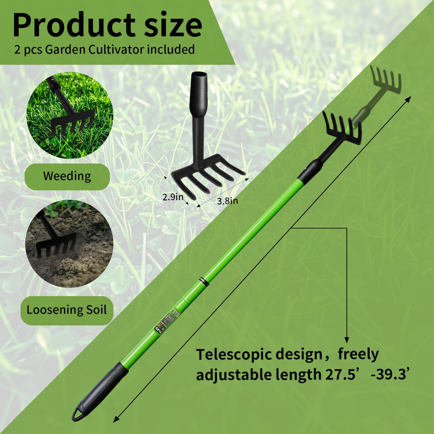 Garden Rake - Small Rake for Gardening with Telescopic Adjustable Handle (27-39”), Mini Rake for Tight Spaces, Flower Beds, Pots - No Bending & Elderly Friendly, Non-Slip Small Garden Rake