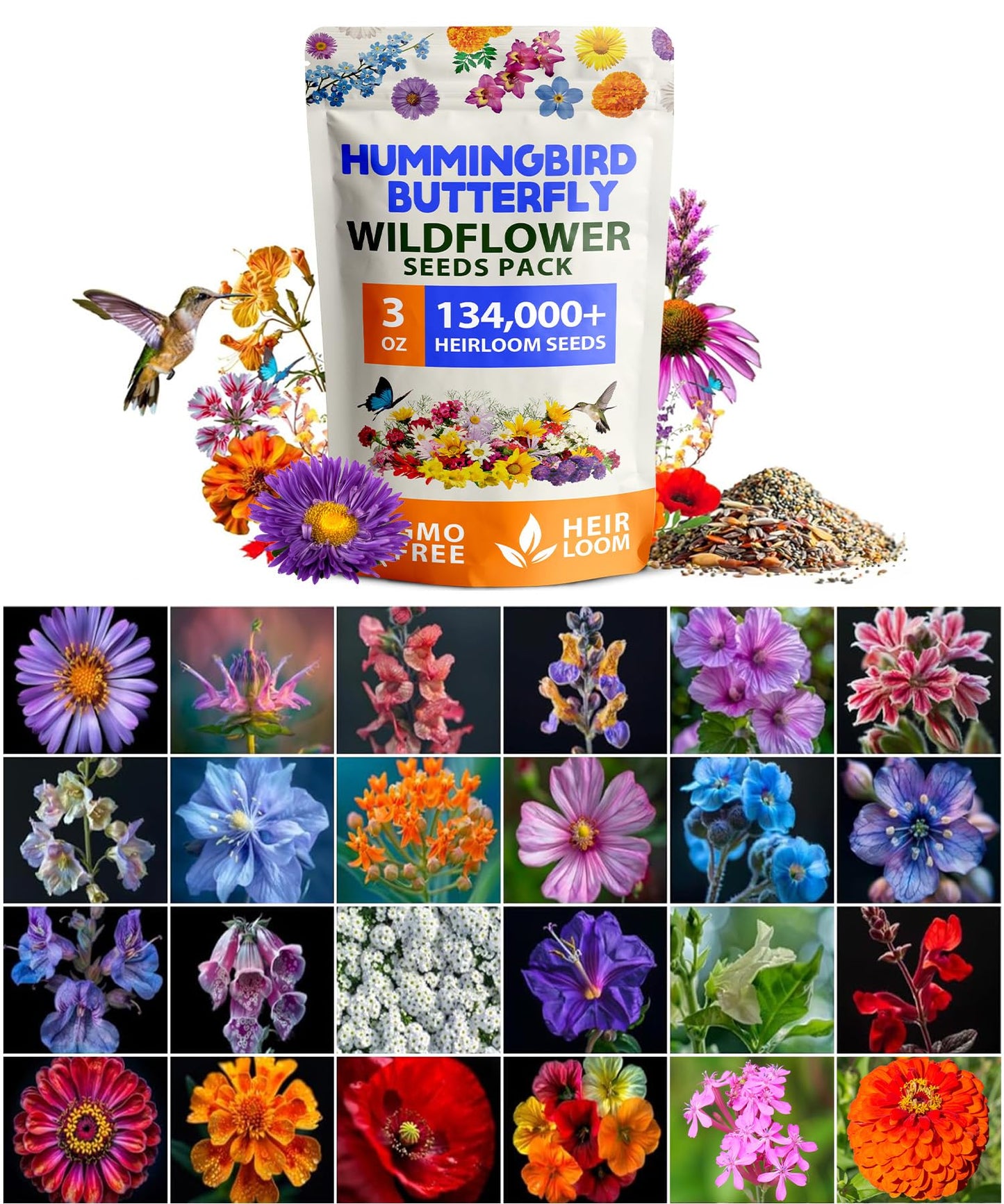 HOME GROWN Premium Wildflower Seeds Bulk - 134,000+ Non-GMO USA Native Seeds for Planting Outdoors - 23 Varieties Wild Flower Mix for Butterfly Garden, Perennial & Annual Flowers (3oz)