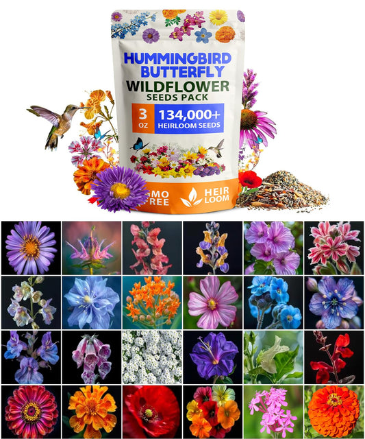 HOME GROWN Premium Wildflower Seeds Bulk - 134,000+ Non-GMO USA Native Seeds for Planting Outdoors - 23 Varieties Wild Flower Mix for Butterfly Garden, Perennial & Annual Flowers (3oz)