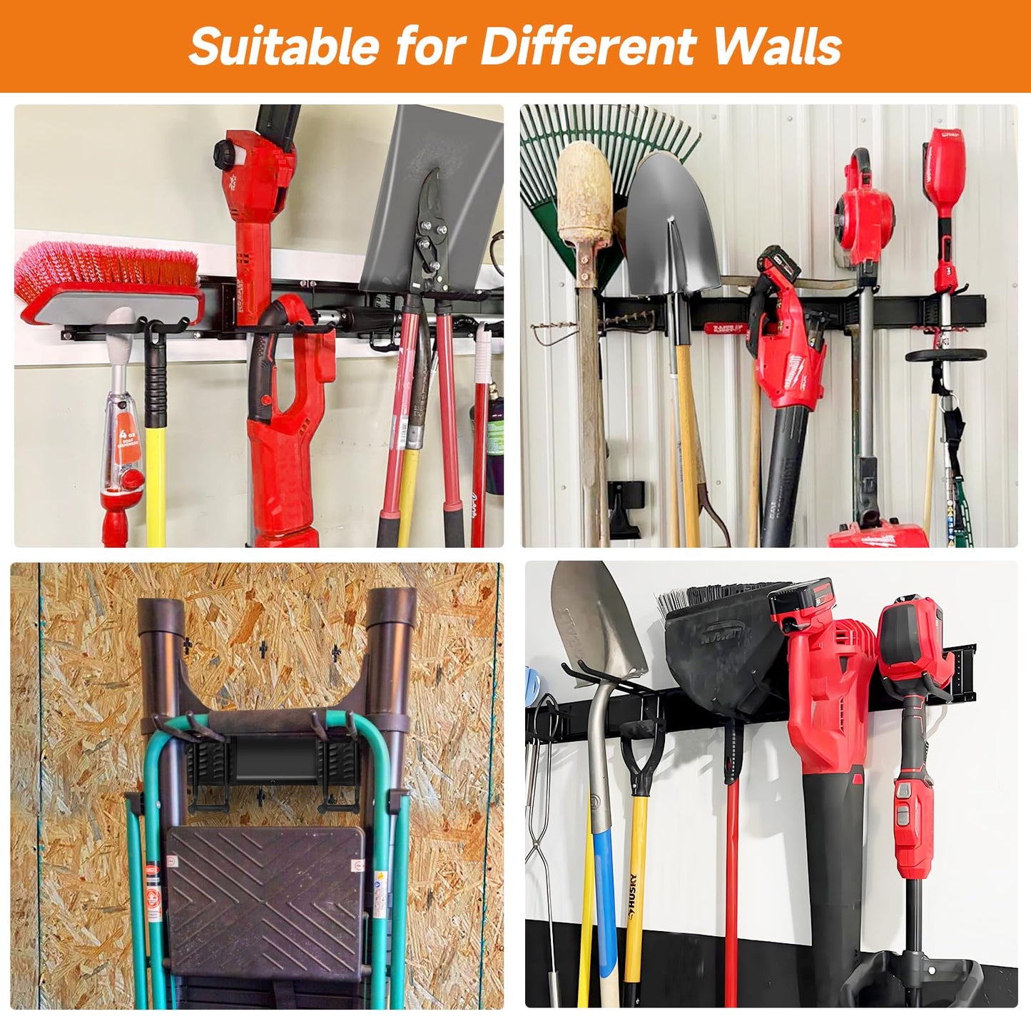 WEZAFO Garden Tool Organizer Wall Mount, Heavy Duty 48 Inches Garage Organization and Storage Racks for Yard Tools with 6 Hooks, Tool Hangers Holders for Hanging Folding Chair, Rake and Shovel
