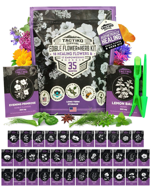 35 Tactiko Edible Flower & Herb Seeds Kit Variety - USA Grown Heirloom Non-GMO Open-Pollinated Seeds for Planting - Indoor Outdoor Gardening - Survival Long-Term Storage - Resealable Mylar Bag