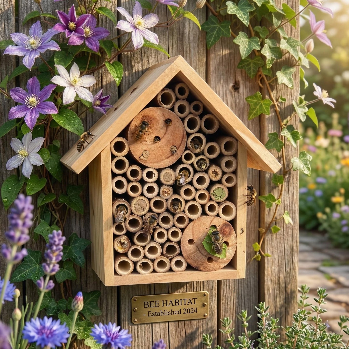 EGREE Mason Bee Houses Outdoor Wooden Bee Hotel for Garden and Yard Hand-Made Bamboo Bee Hive for Bees Butterflies and Ladybugs, Medium Size 8"x7.5"x5", Natural Finish