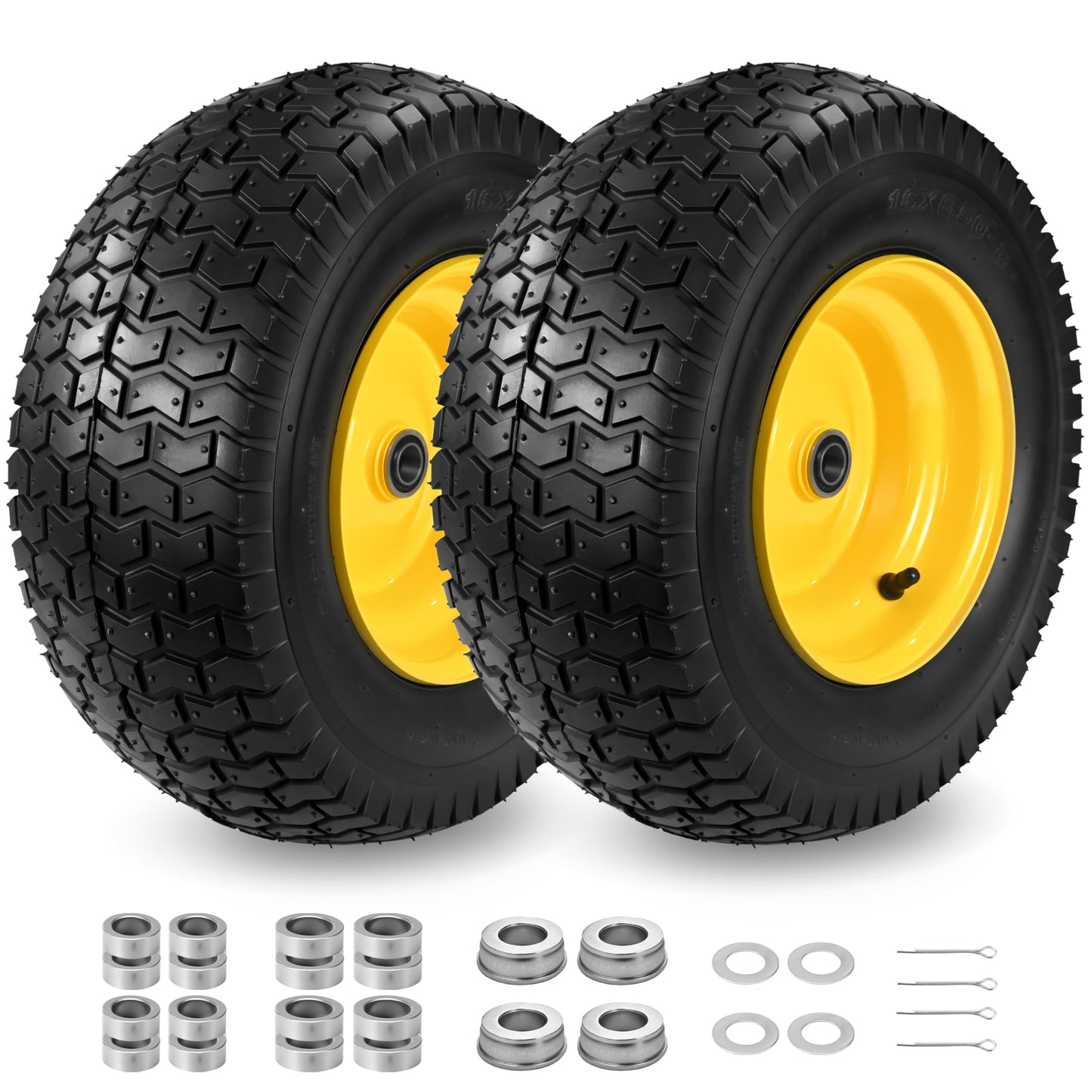 2 Pcs 16x6.50-8 Tubeless Lawn Mower Tire and Wheel, 16x6.5-8 Lawn Mower Tire, with 3/4" Bearing (extra 1" Bushing), 3-5" Offset Hub, 4-Ply Tubeless, 35 PSI, Fits Riding Mower & Lawn Tractors, 715 lbs