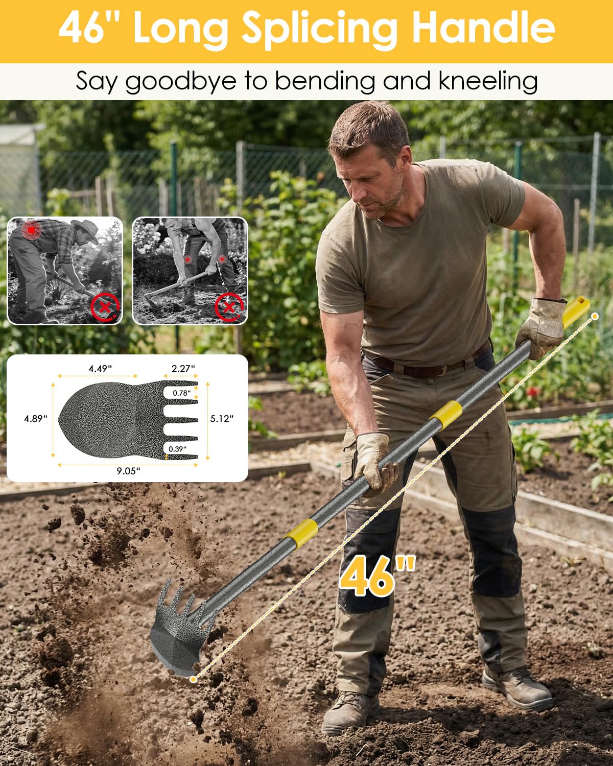 Hoe Garden Tool Heavy Duty Long Handle Manual Weeder Puller Tool for Weeding Loosening Soil 2 in 1 Garden Hoe Adjustable 31-46 Inch Steel Shaft for Gardening Yard Lawn Patio