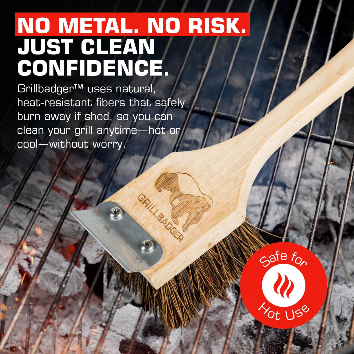 Grillbadger The Original Non Metal Grill Brush for Outdoor Grill | High Temp Heat Resistant BBQ Cleaning Brush | Long Lasting Wooden BBQ Cleaner with Scraper, Safe for Cast Iron Grates - Natural Wood