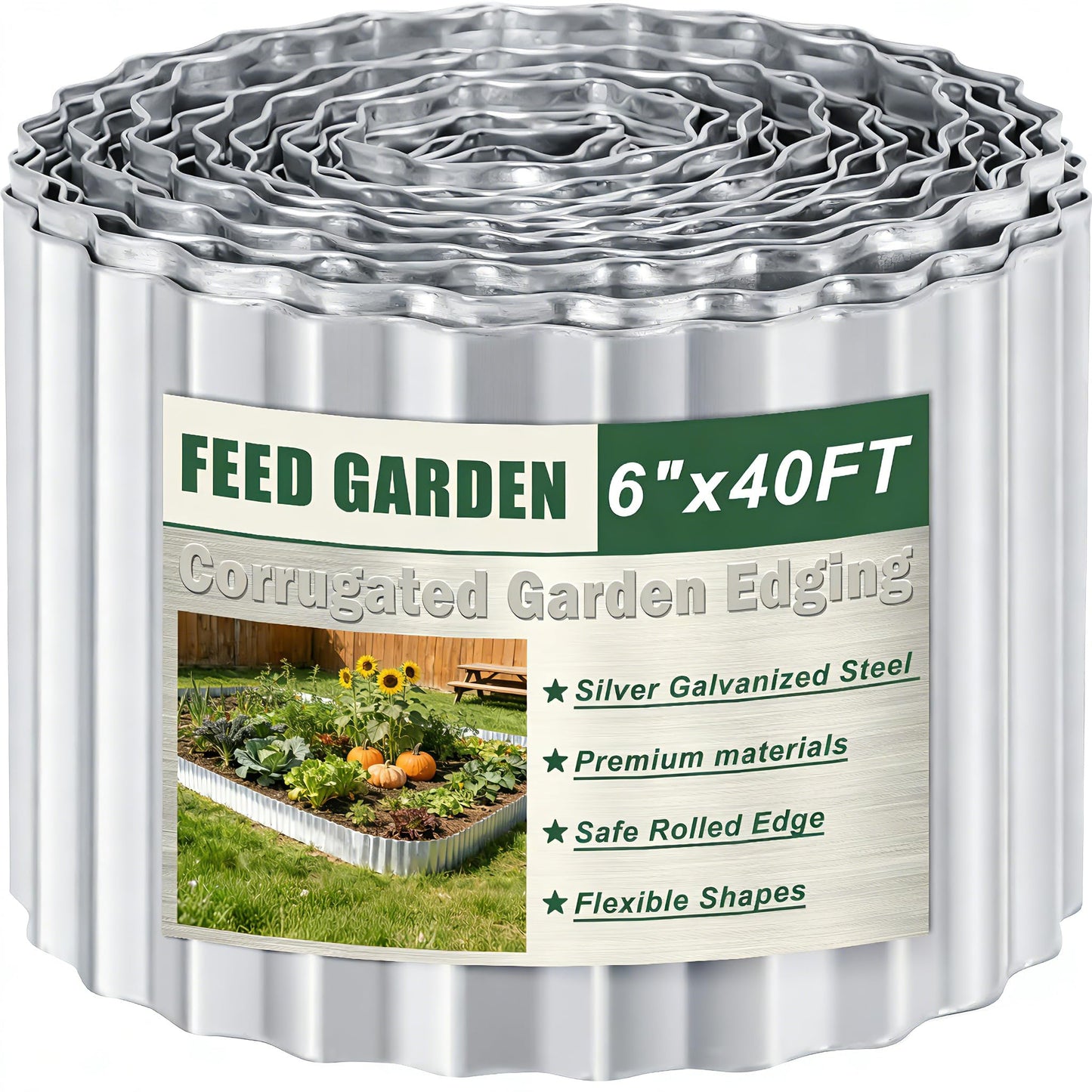 FEED GARDEN Heavy Duty Galvanized Steel Garden Edging 6 Inch x 40 Feet – Rust Resistant Metal Landscape Border, No-Dig Flexible Lawn Edging for Flower Beds, Yard & Walkways
