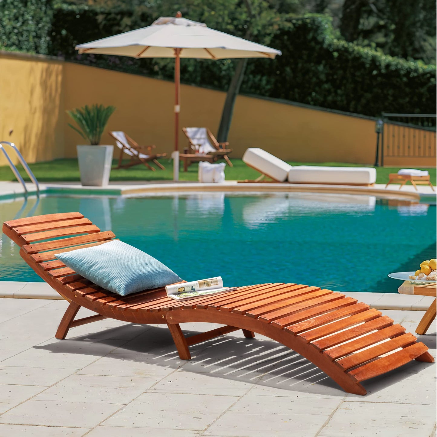 Greesum Wood Folding Chaise Lounge Chair, Weatherproof Extended Sun Lounger with Adjustable Headrest for Patio, Balcony Poolside Garden, Set of 2, Wooden