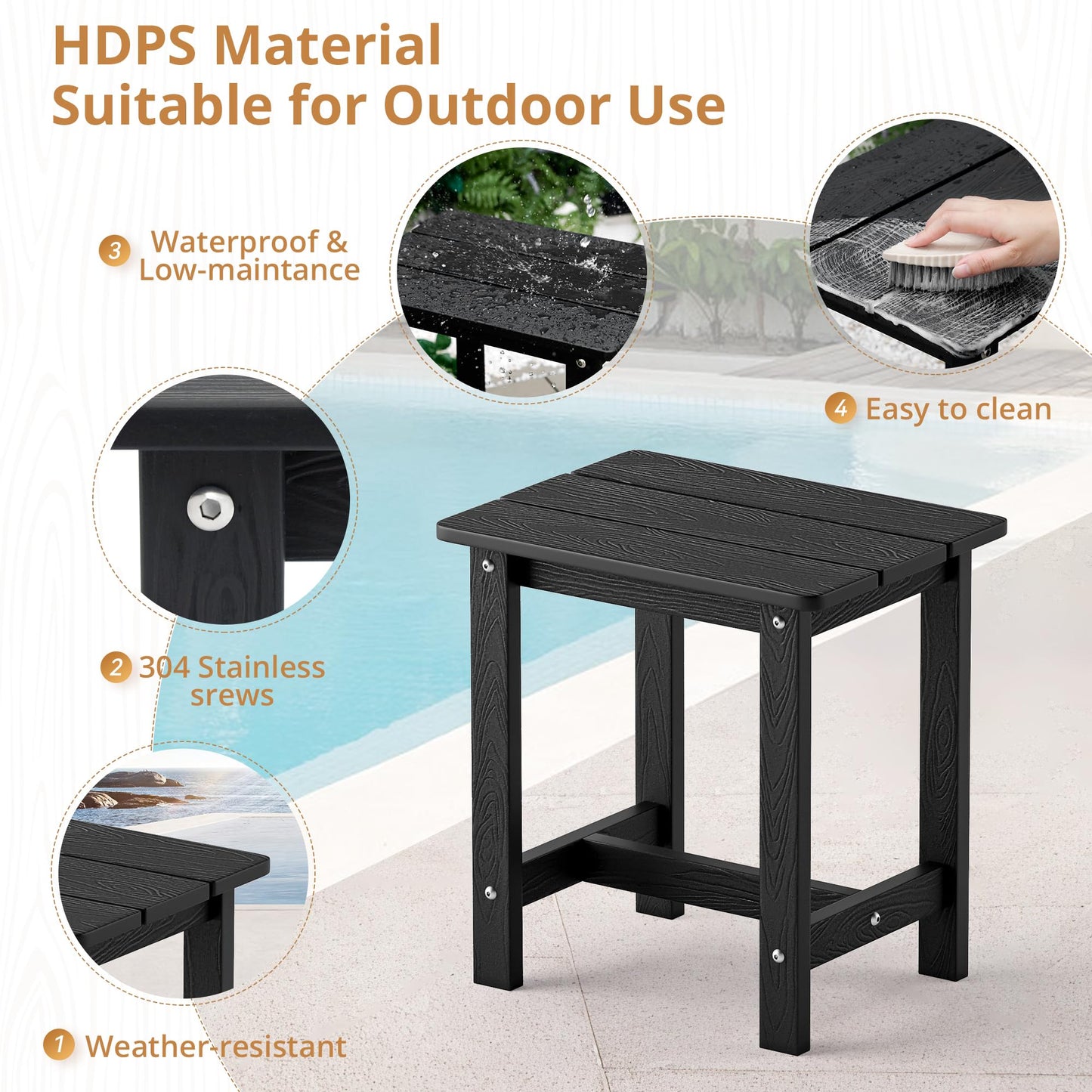 LUE BONA Outdoor Side Table, HDPS Small Outdoor Adirondack Side Tables, Outside End Table for Patio, Porch, Deck, Pool, Weather Resistant/Easy Maintenance, Black