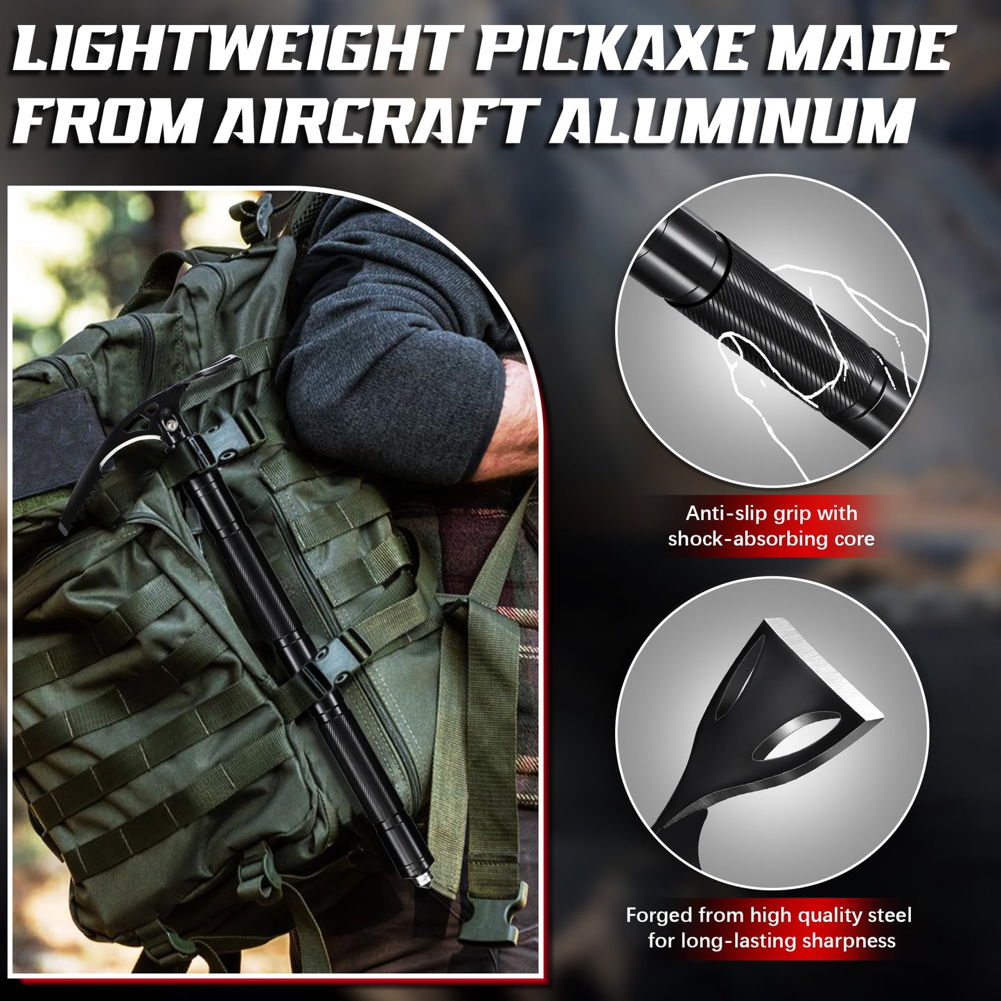 FUSIONKEI Pick Axe 8 in 1, Folding Pickaxe Mattock with Multi-purpose Garden Hoe and Survival Knife, Stainless Steel Pick Axes for Digging, Ice Chipping and Weeding