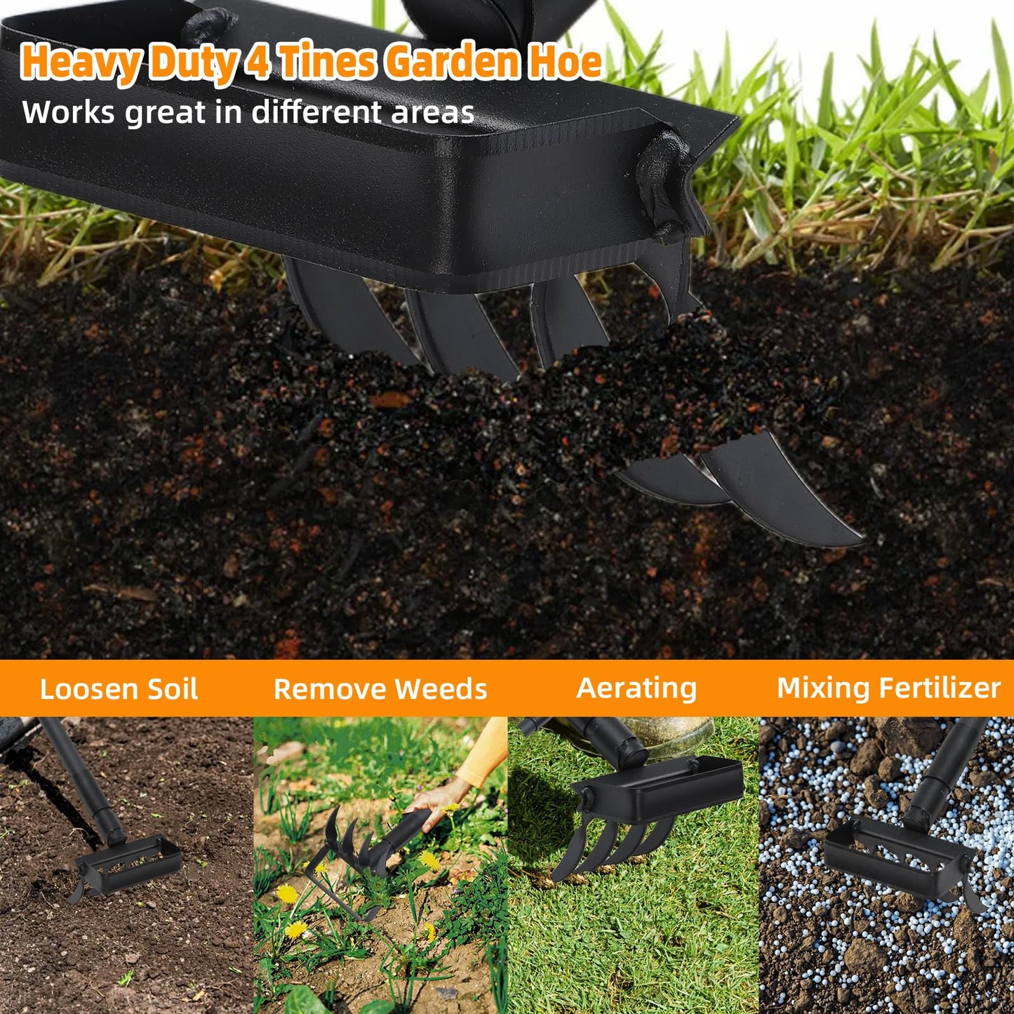 Weed Puller with 62.6” Adjustable Long Handle, Heavy Duty Stirrup Hoe, 4 Tines 2 in 1 Garden Cultivator for Weeding and Soil Loosening, Black