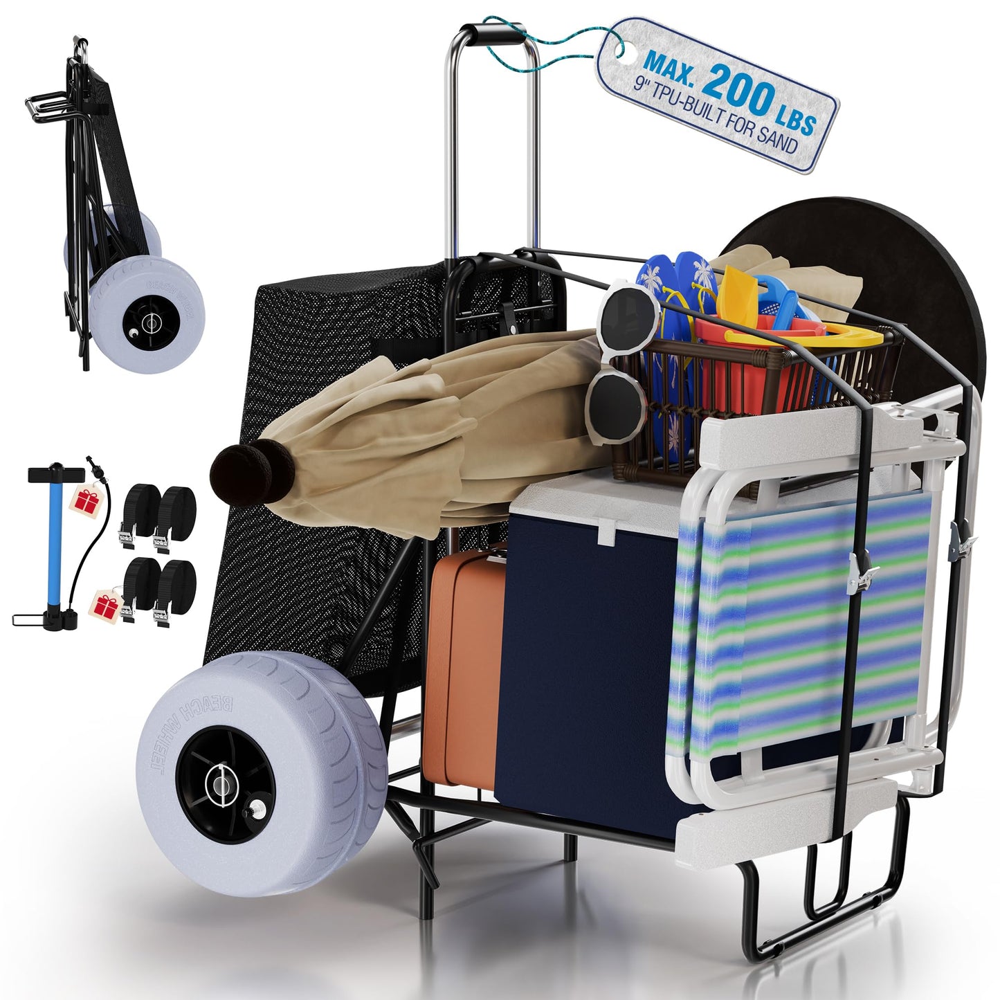 PYY Beach Cart with Big Balloon Wheels for Sand, Foldable Wagon Dolly Buggy Trolley for Outdoor Camping Shopping Fishing with 200 Lbs Loading Capacity, 9" Large Rolling Tires, Collapsible Storage Bag