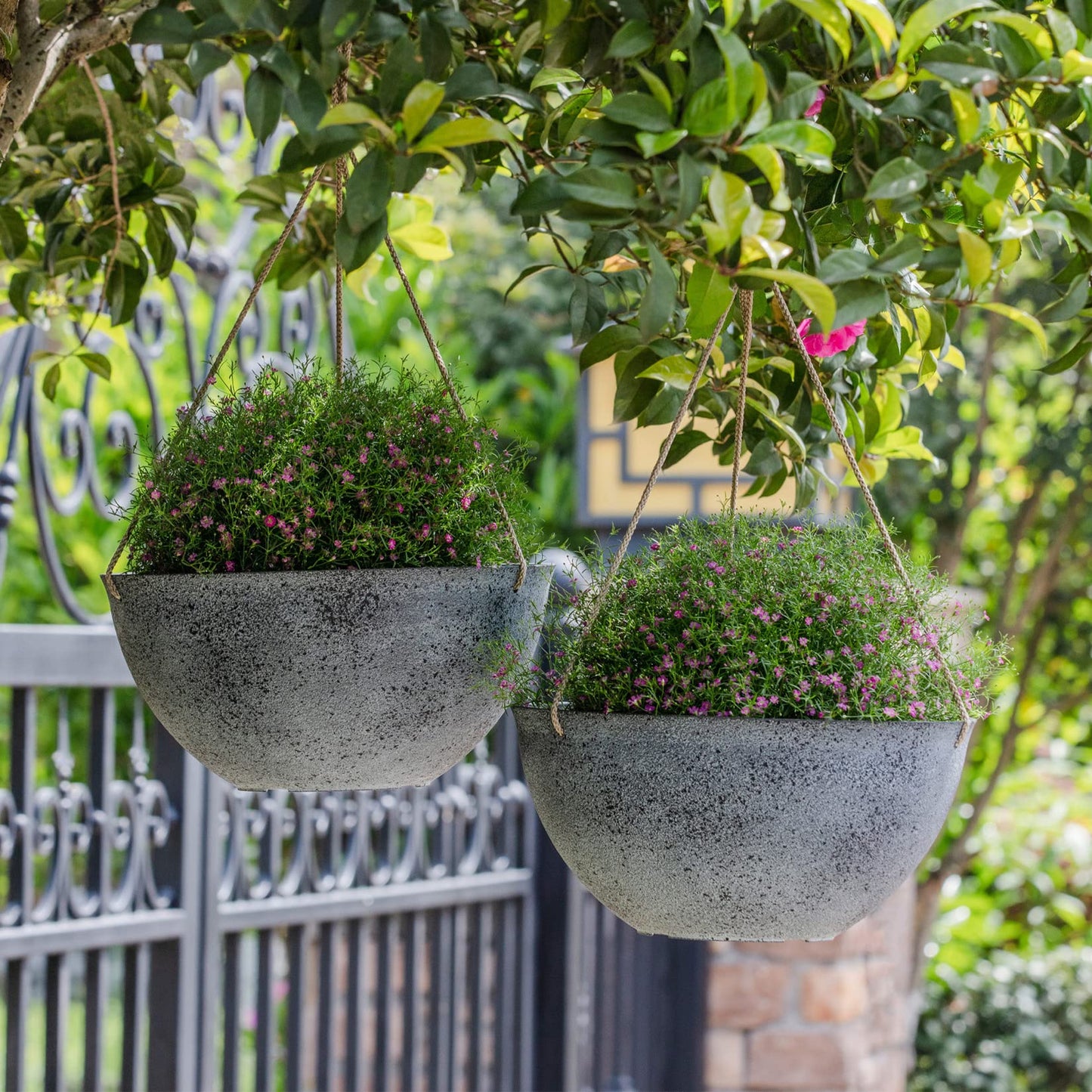 LA JOLIE MUSE Large Hanging Planters for Outdoor Plants - 13 Inch Hanging Flower Pots with Drainage Holes, Set of 2, Rock Grey