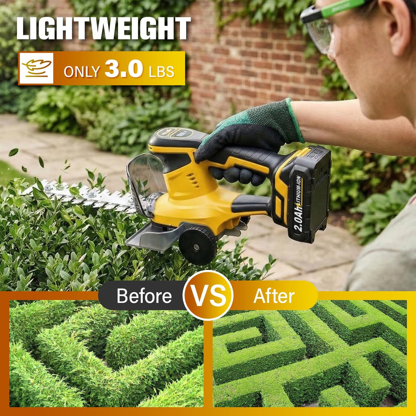 FULLYEA Cordless Hedge Trimmer, 2-in-1 Electric Shrub Trimmer & Grass Shear, Lightweight Bush Trimmer with 2 Blades & 2*2.0Ah Batteries, Handheld Grass Trimmer, Battery Powered Hedge Cutter (Yellow)