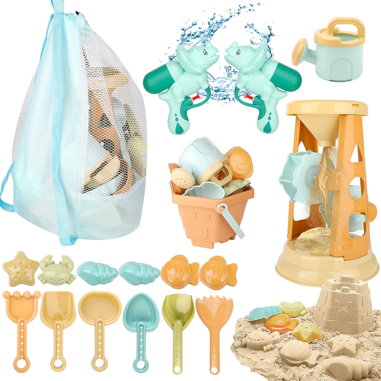 LBAIBB Sand Toys,Beach Toys for Kids,Sandbox Toy, Sand Wheel & Water Wheel Toys,Includes Bucket Shovel and Sand Rake for Beach,Water Guns Toys,Mesh Beach Toy Bag,Sand Toy for Kids Ages 3-13