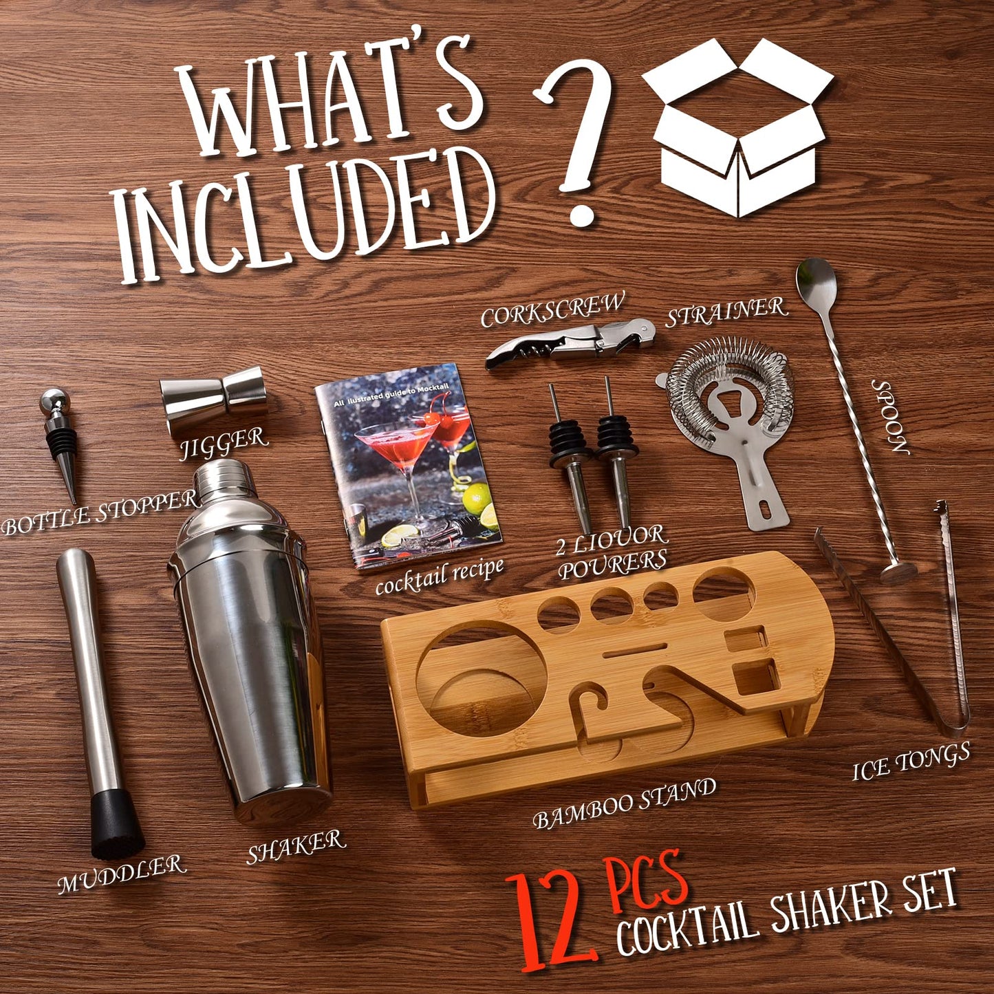 Cocktail Shaker Set Bartender Kit : 12-Piece Bar Tool Set with Bamboo Stand | Bars Set with All Practical Bar Accessories, for Drink Mixing, Bar, Home, Lounge & Party (Silver)