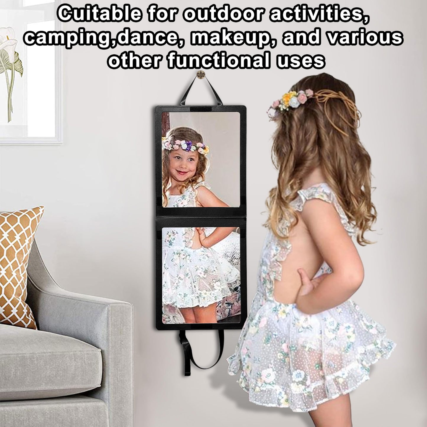 Adzyz Foldable Camping Travel Mirror, 33“ x 13” Hanging Shatterproof Full Length Mirror for Camping, RV Travel, Dorm Room, Portable Dance Practice Mirrors - Black