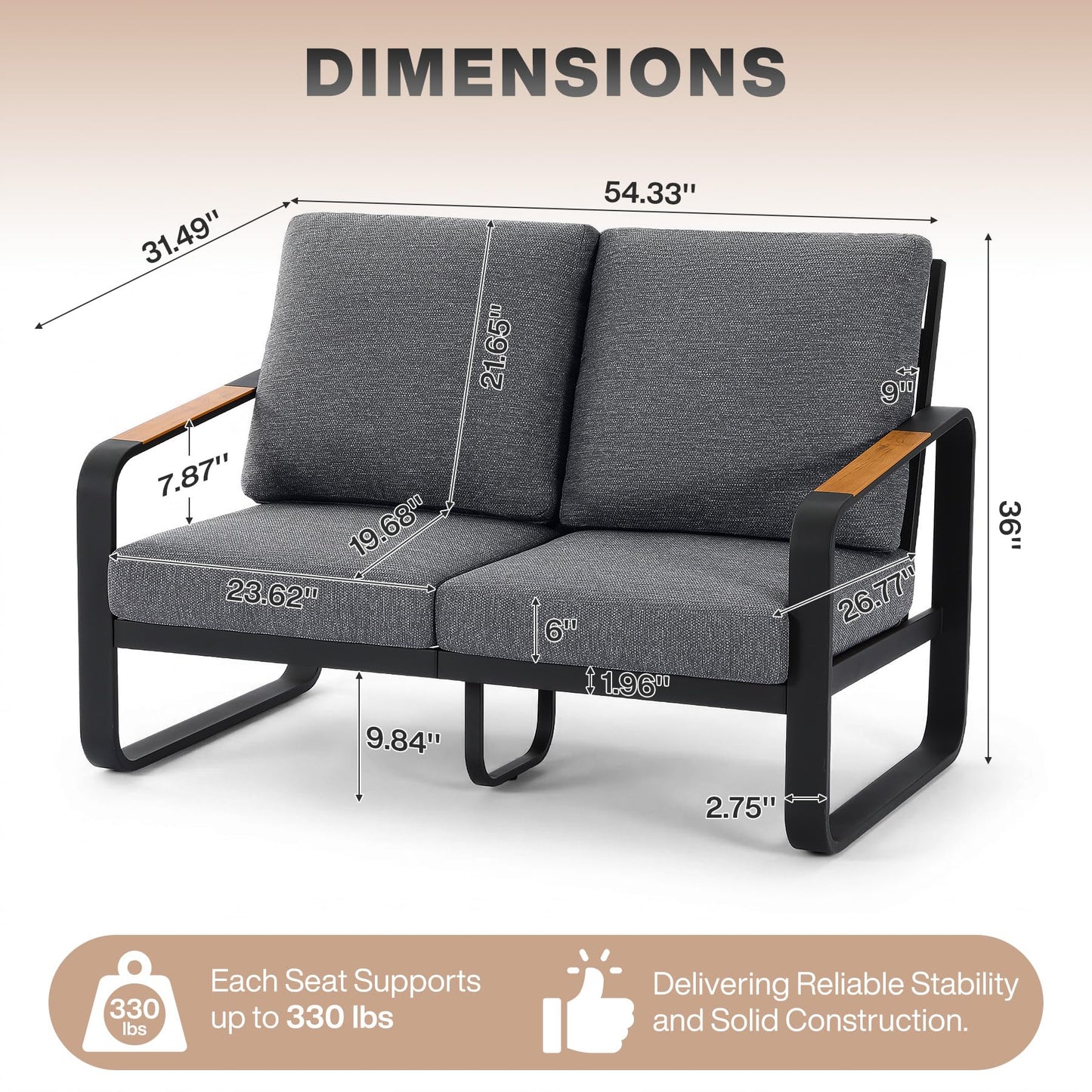 Tribesigns Outdoor Loveseat with Tall Back & Oversized Seat, Modern Metal Frame Patio 2-Seater Sofa with 6'' Thick Cushions, All-Weather Conversation Sofa for Backyard, Porch, Balcony, Poolside, Gray