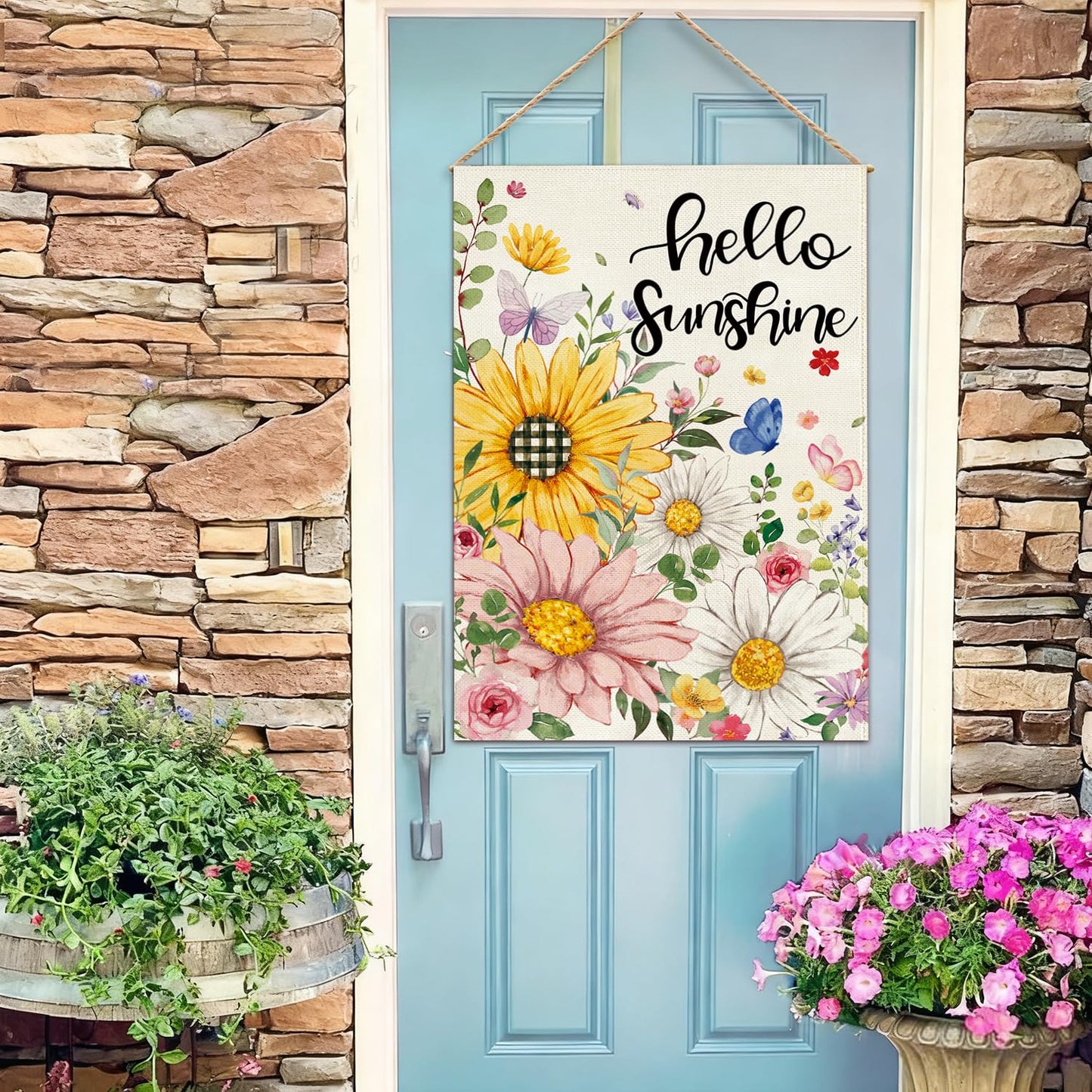 Baccessor Spring Summer Garden Flag Double Sided 12.5 x 18 Inch Burlap with Clip and Stopper,Hello Sunshine Sunflowers Daisy Flag Seasonal Farmhouse Yard Lawn Outside Outdoor Decoration