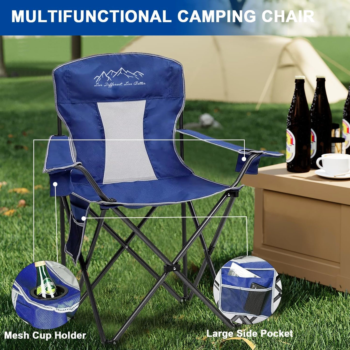 VOYSIGN Folding Camping Chair Mesh Back Portable Breathable Outdoor Chairs with Carry Bag & Cup Holder for Camping, Beach, Fishing, Sports, Patio, Blue