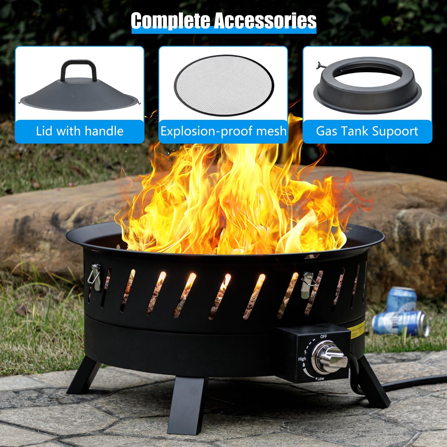 EcoNook 22 inch Portable Propane Fire Pits, Gas Fire Pit Bowl for Outside with Lid & Handle, Smokeless Gas Firebowl,Propane Firepit for Camping, Patio, Yard, Garden