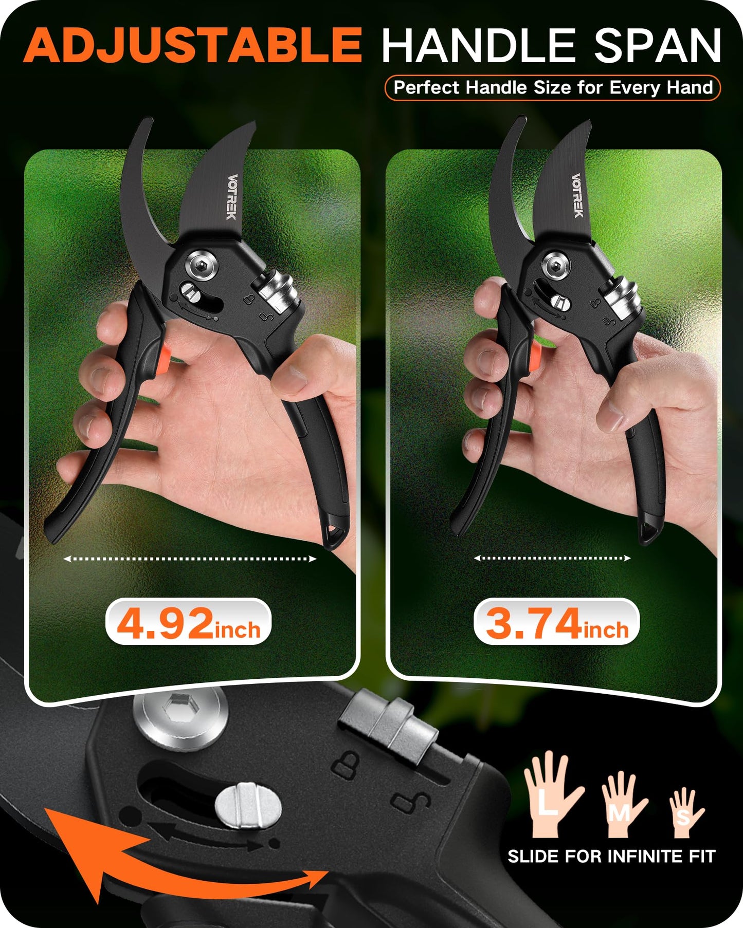 VOTREK 8.5" Pruning Shears for Gardening, 【Unique Stepless Handle Opening】Professional Bypass Garden Clipper, Heavy Duty Plant Pruners for Branch 【SK5 Steel Blades】【All Hand Sizes】, Classic Black