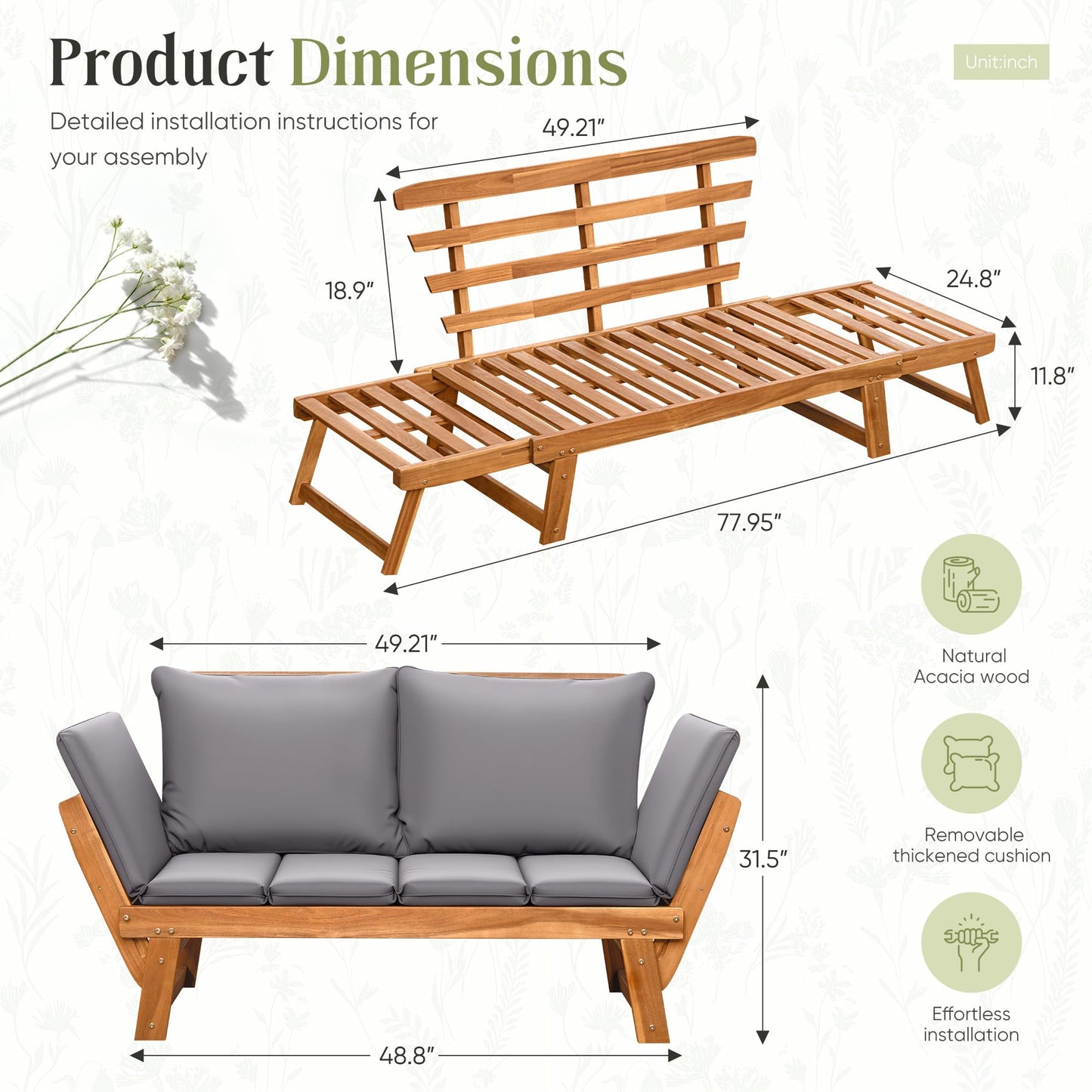 Flamaker Outdoor Couch with Adjustable Armrests, Acacia Wood Patio Loveseat with Soft Cushions, Convertible Patio Furniture for Balcony, Porch, Backyard (Grey)