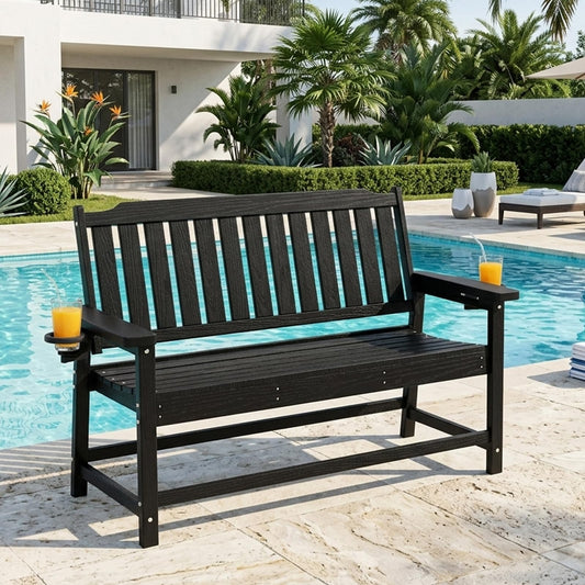 WACASA 48" Outdoor Bench, HDPE Weatherproof Porch Bench, 2-Person Garden Benches with 660 Lbs, Waterproof Patio Benches for Outside Balcony Deck Backyard, Black