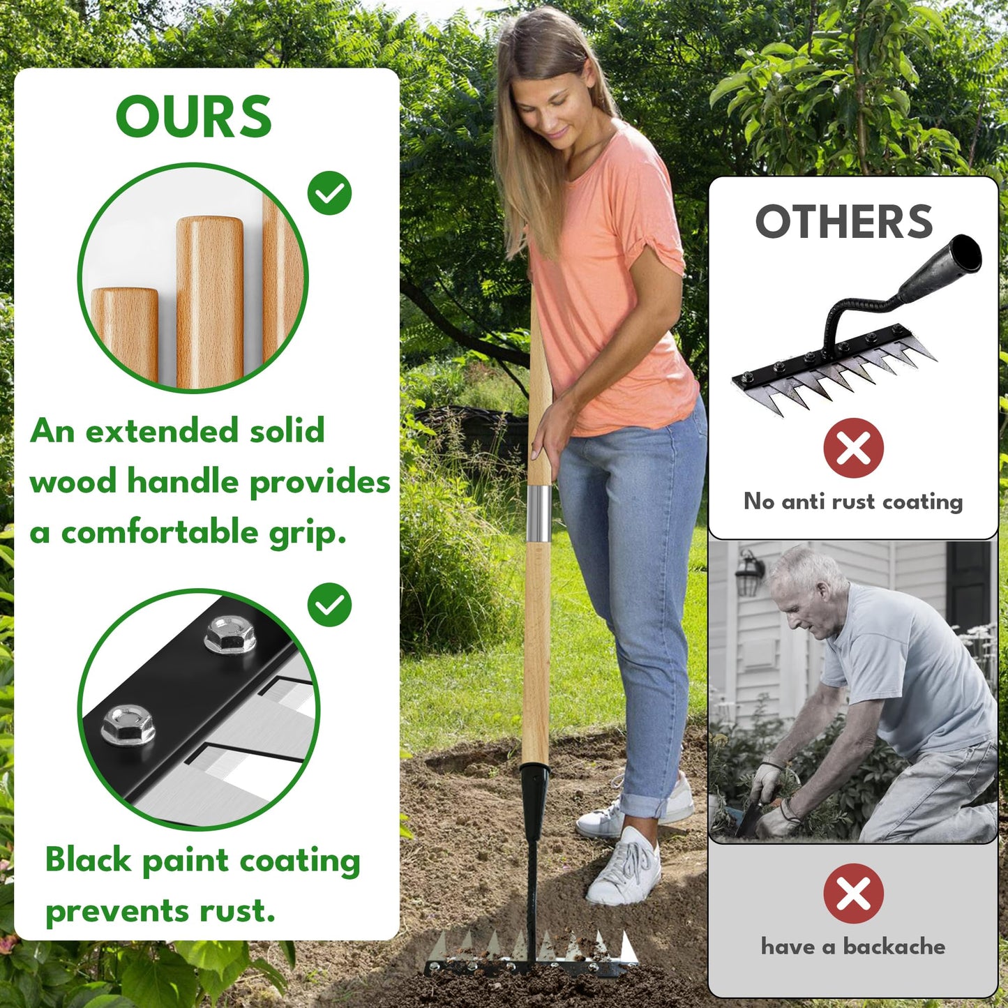 Weed Puller Tool, Iron Weeding Rake with Handle 2.0, Upgraded 8 Teeths Garden Weeding Tool Heavy Duty Gardening Tool for Lawn, Flower Beds & Soil Aeration