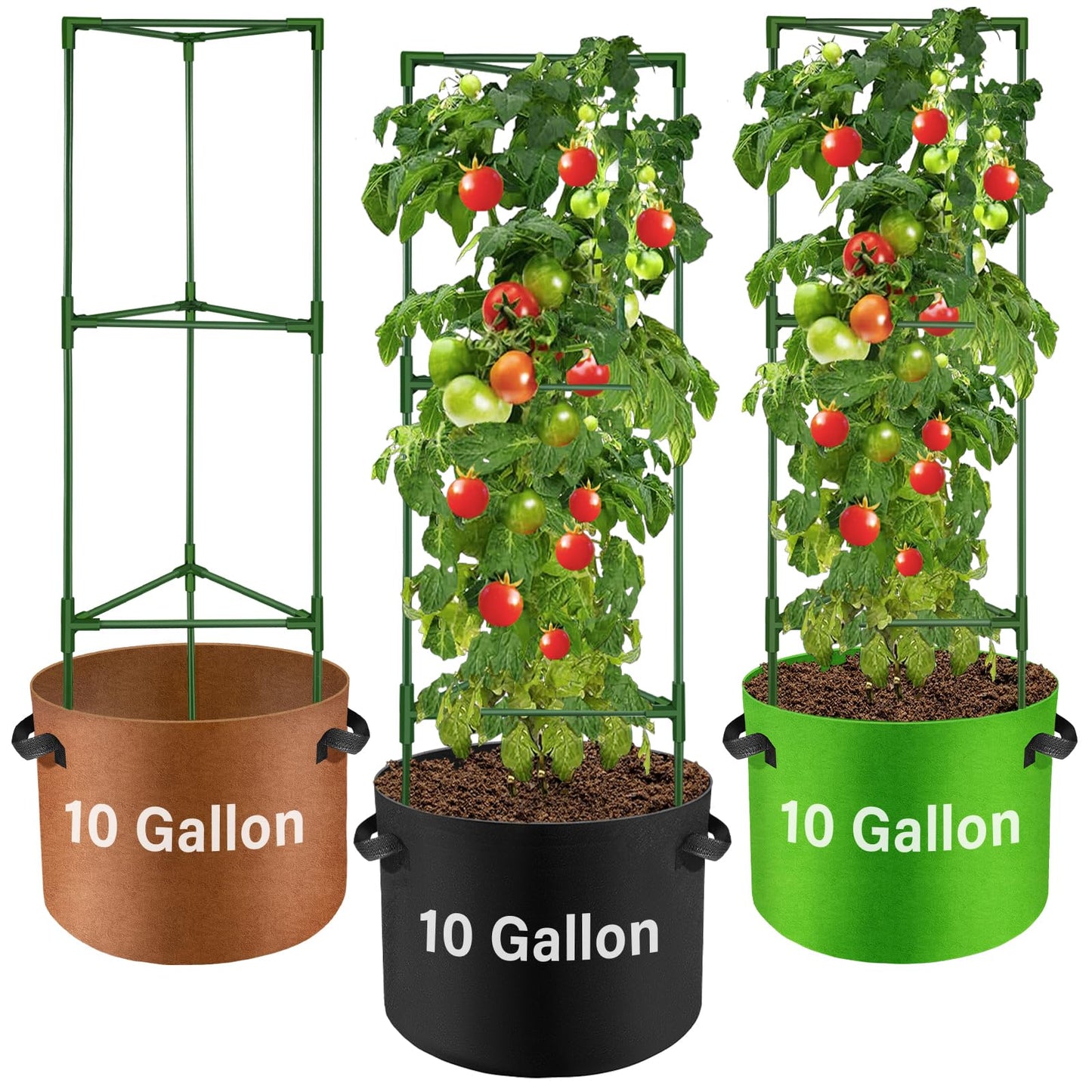 Suntee 3 Pack Tomato Cage with 10 Gallon Grow Bags, 48 Inch Tomato Cages for Garden Patio Balcony, Adjustable Height Tomatoes Plant Support for Climbing Vegetables Plants Flowers