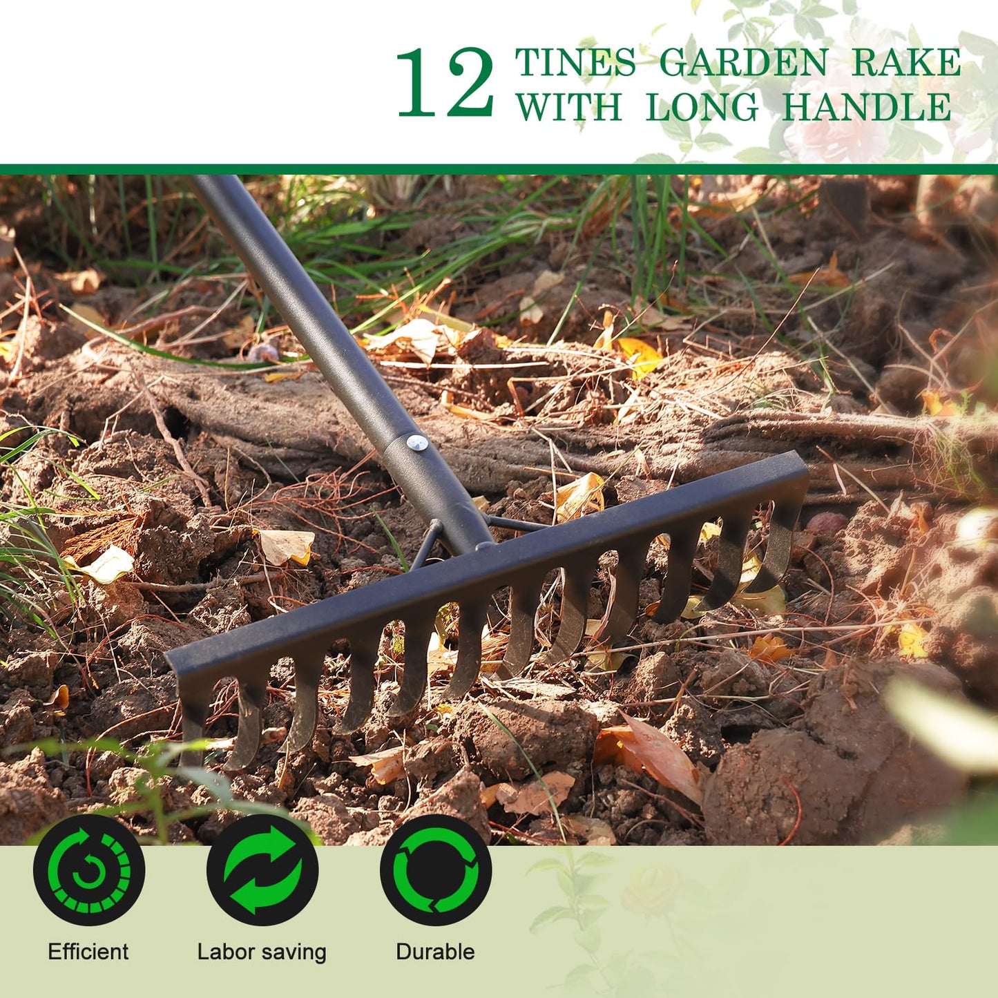 Garden Rake Heavy Duty, 74 Inch Metal Rake with 12 Tines, Bow Rake with Long Handle for Loosening Soil Leveling Lawn Farming Land, Black