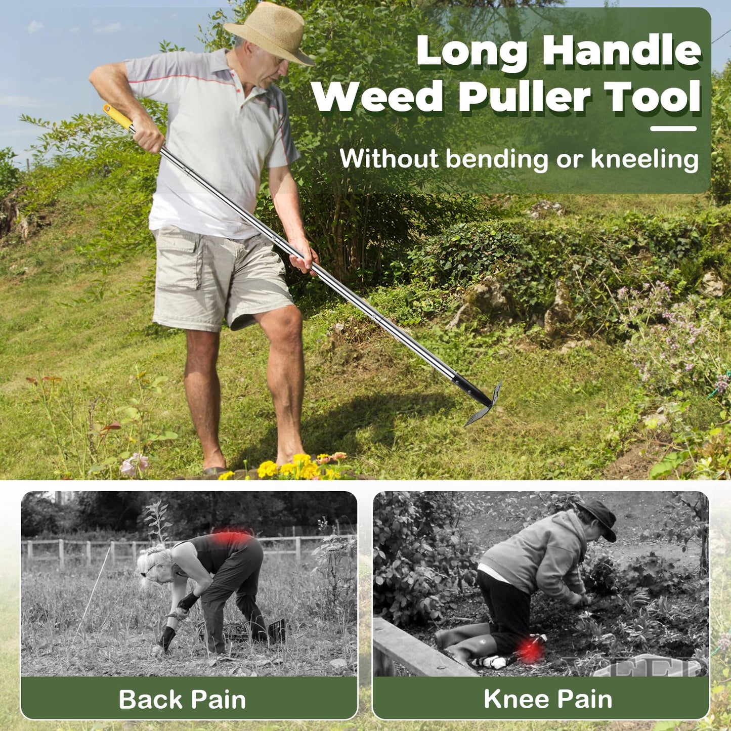 NICOFPHY Weed Puller Tool with Long Handle, 60" Manual Weeding Tools Gardening, 2 in 1 Hand Weed Rake and Hoe Garden Weeder Tool, Uprooting Pulling Weed Remover Tool for Yard, Patio, Lawn and Garden
